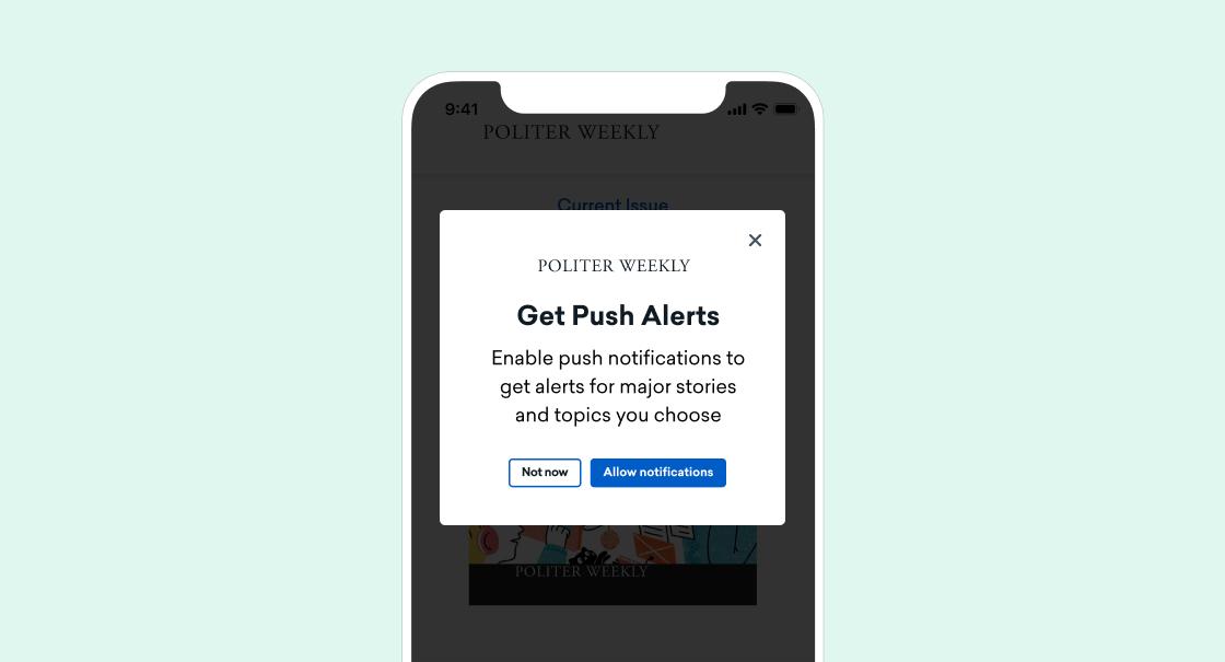Mobile app displaying a "Get Push Alerts" notification pop-up.