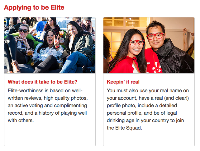 Two panels discussing applying to be Elite. The left panel features a group of people enjoying a social gathering, while the right panel shows a couple posing for a photo, both wearing glasses.