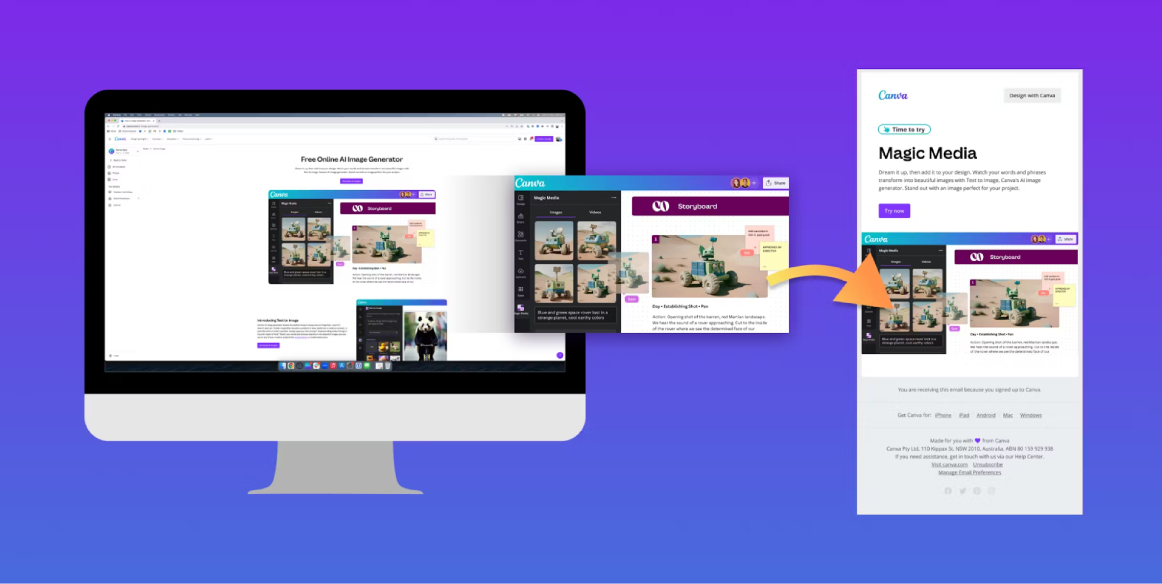 Canva 플랫폼이 표시된 컴퓨터 화면과 동일한 플랫폼 이미지가 있는 이메일을 가리키는 화살표가 표시됩니다.