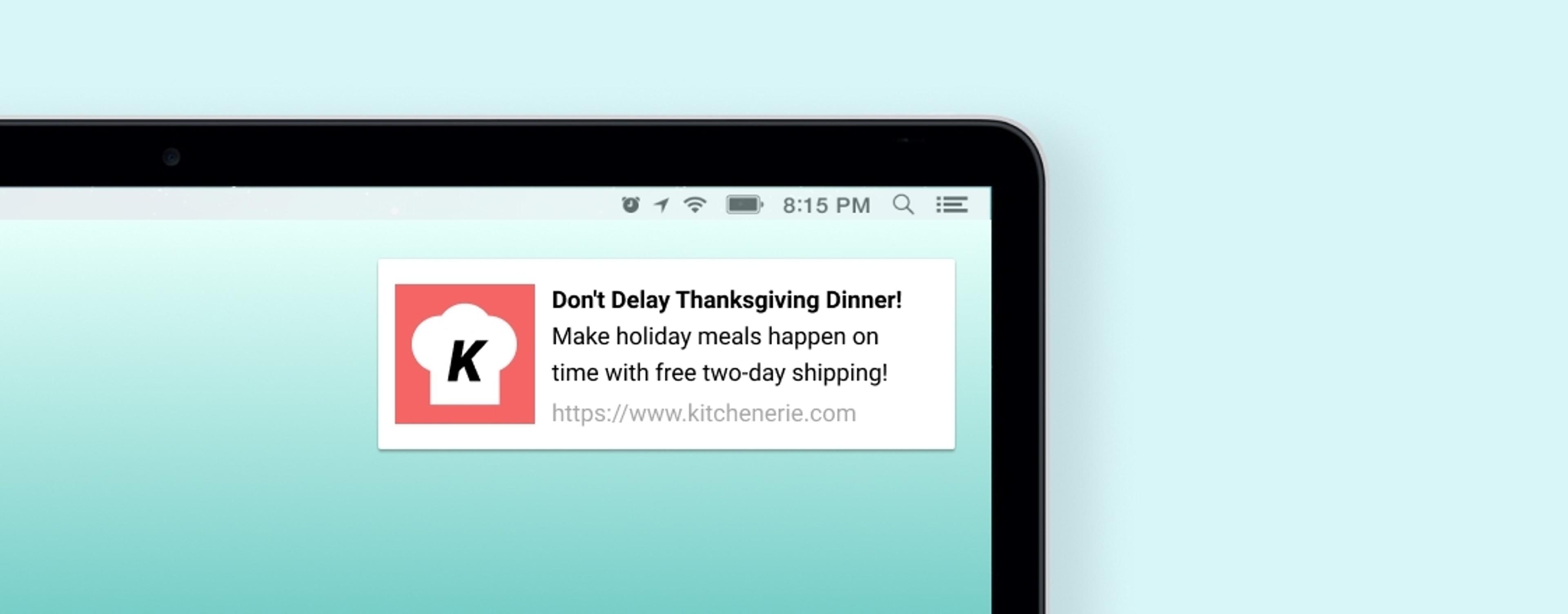A notification on a laptop screen promoting a Thanksgiving dinner service with free two-day shipping. The background is a light blue gradient.