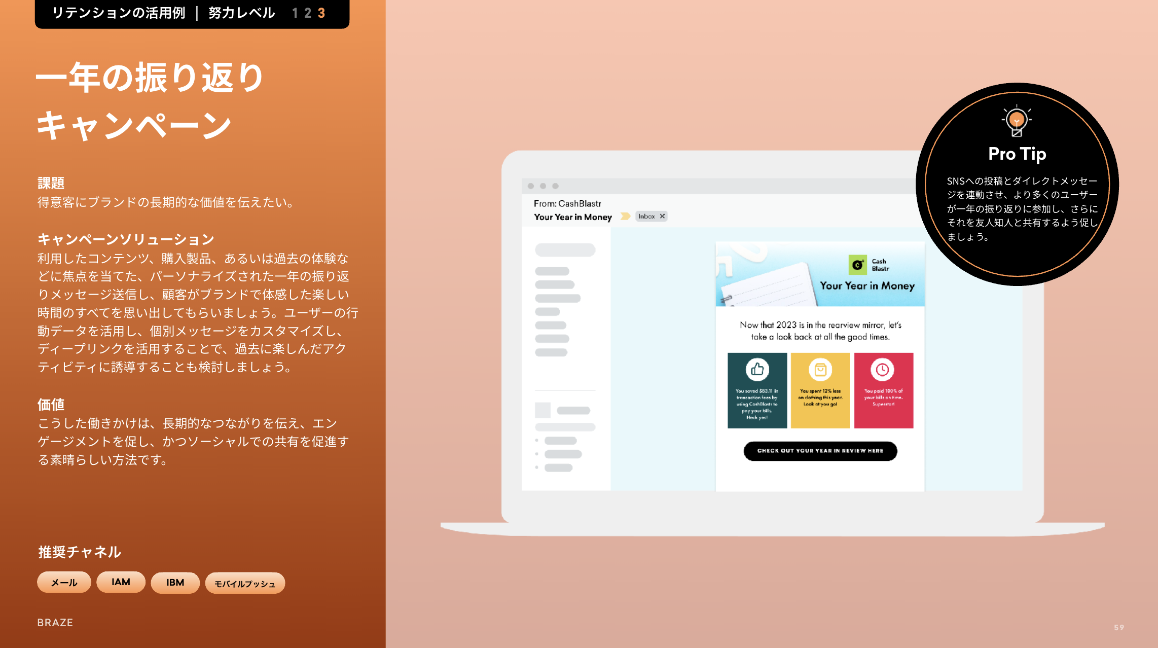 Presentation slide about "Year in Review" campaigns with Japanese text, featuring a laptop displaying a "Your Year In Money" email and a "Pro Tip" message.
