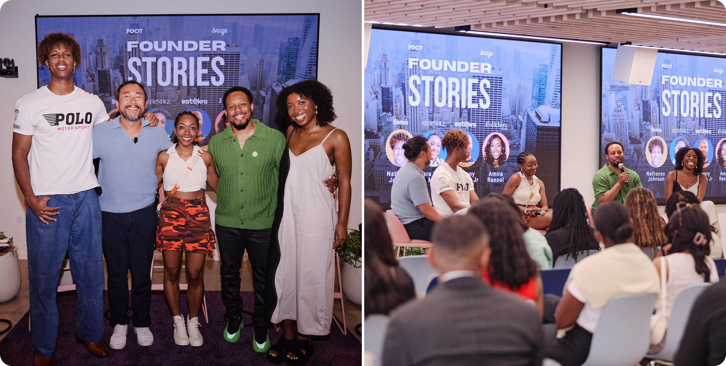 Two photos show a diverse group of young founders speaking on stage and posing together in front of large screens that read “Founder Stories” at a live event with an audience.