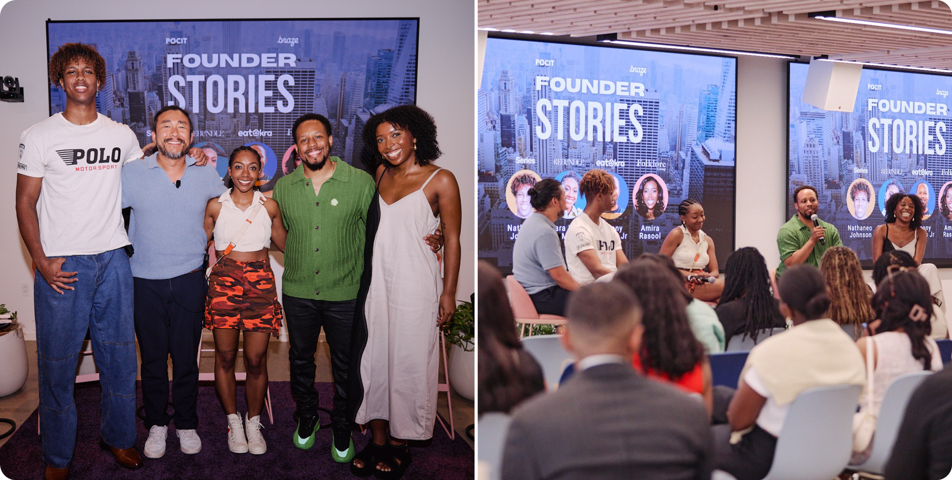 Two photos show a diverse group of young founders speaking on stage and posing together in front of large screens that read “Founder Stories” at a live event with an audience.