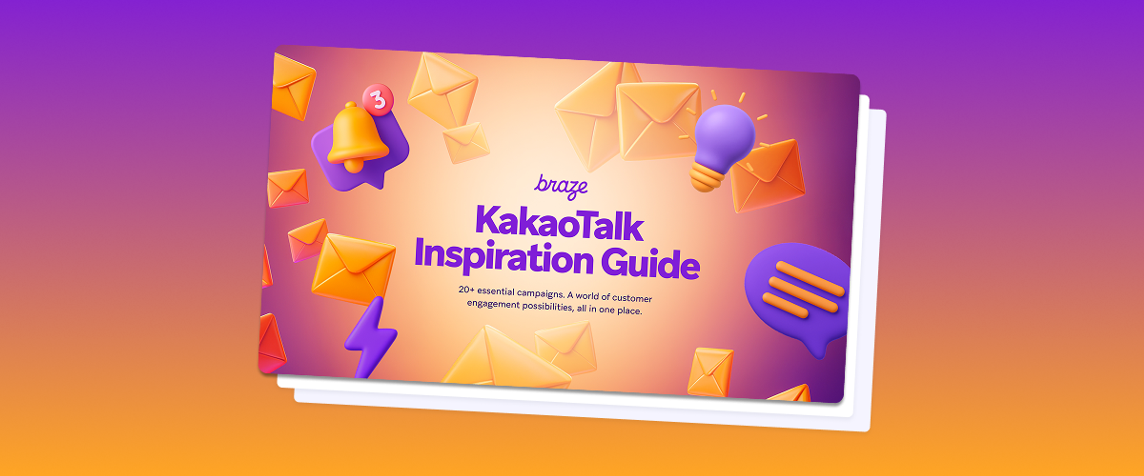 Cover of the "braze KakaoTalk Inspiration Guide" featuring 3D icons of envelopes, a notification bell, a lightbulb, and a chat bubble.