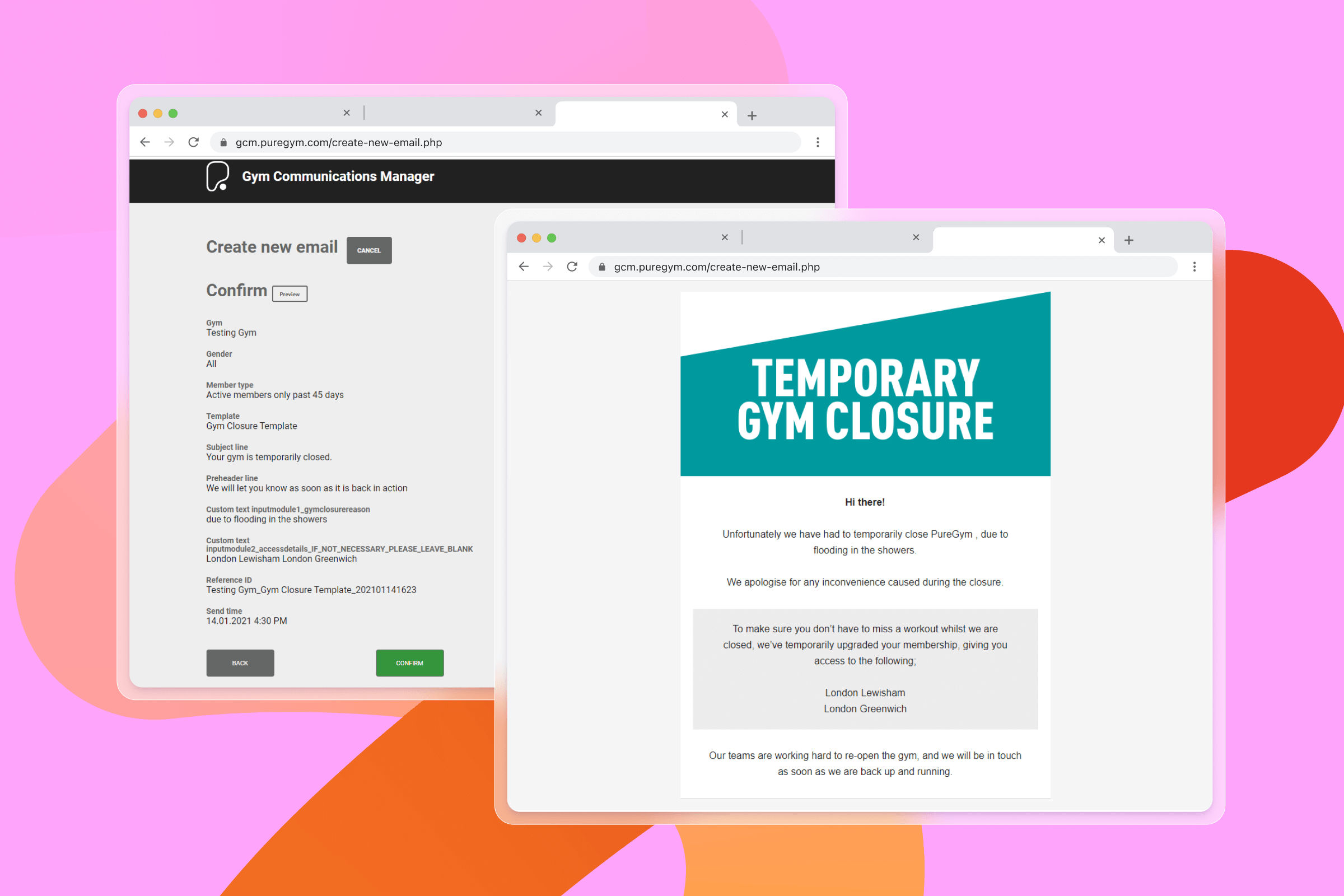 a temporary gym closure email is displayed on a pink background