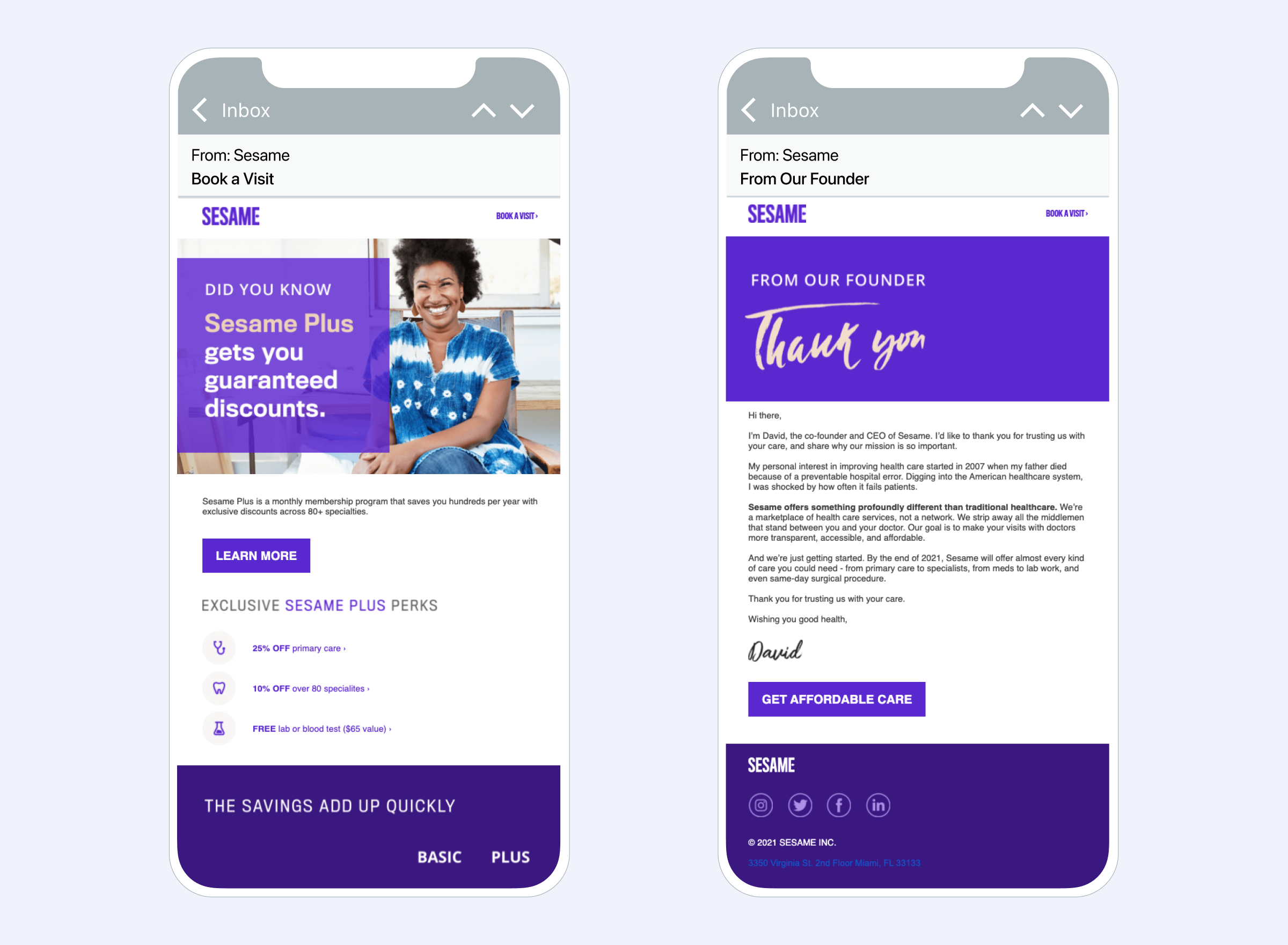Two smartphone screens display emails from Sesame: one promoting discounts and another a thank-you from the founder.