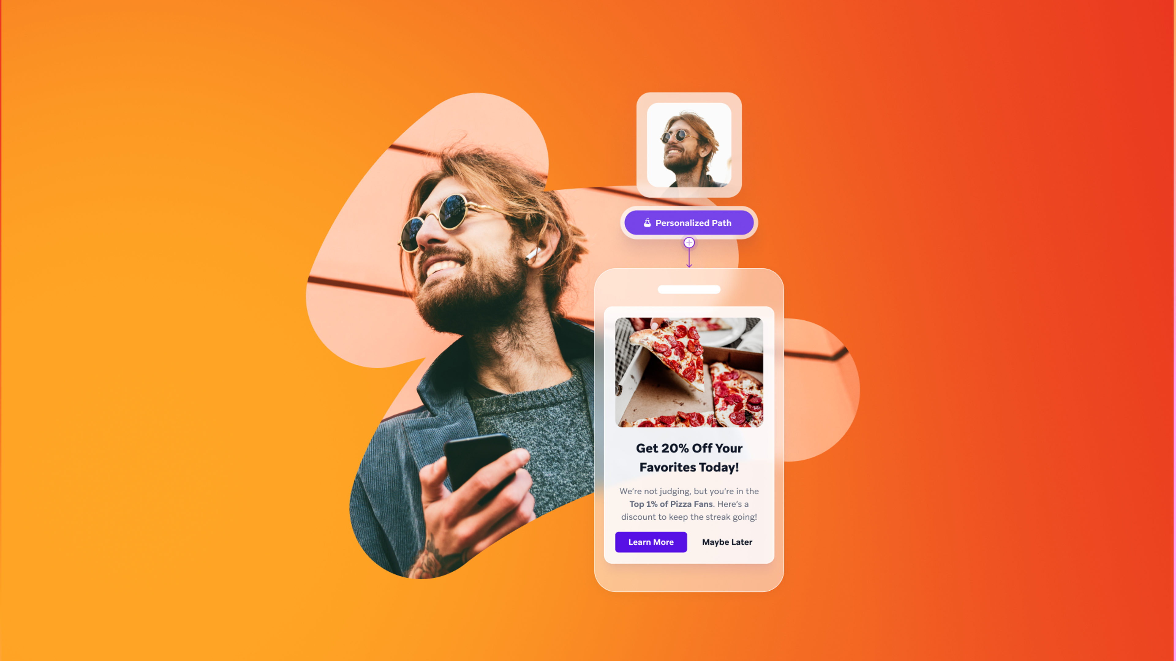 a man is smiling while looking up at a phone screen that says get 20 % off your favorites today