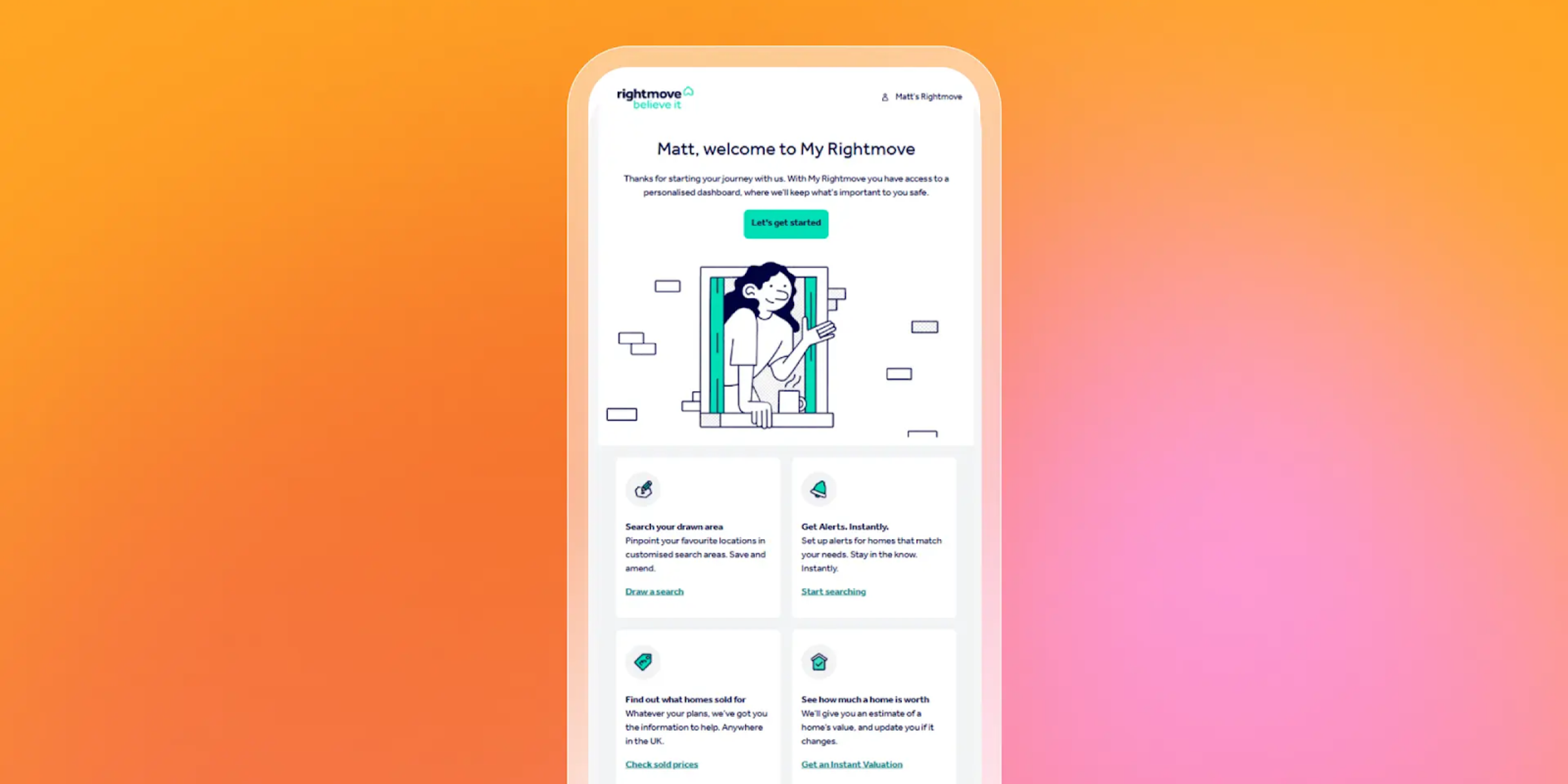 Rightmove app welcome screen on a smartphone, featuring an illustration of a person and sections for home search, alerts, and valuations.