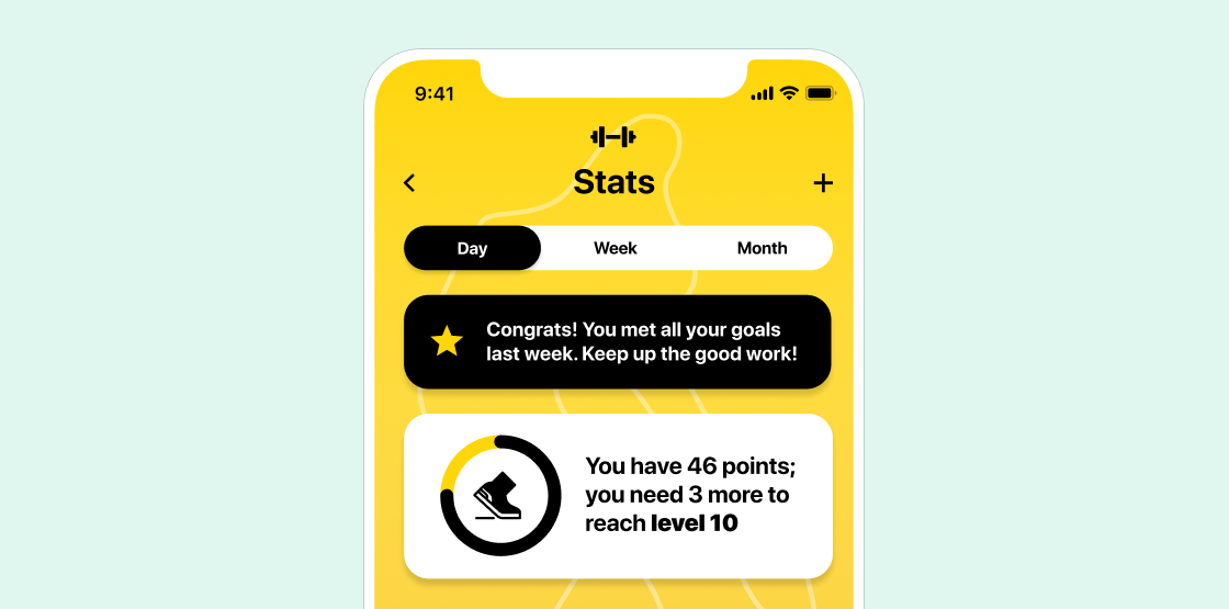 A mobile app screen displaying fitness stats. It shows a congratulatory message for meeting goals and indicates the user has 46 points, needing 3 more to reach level 10.