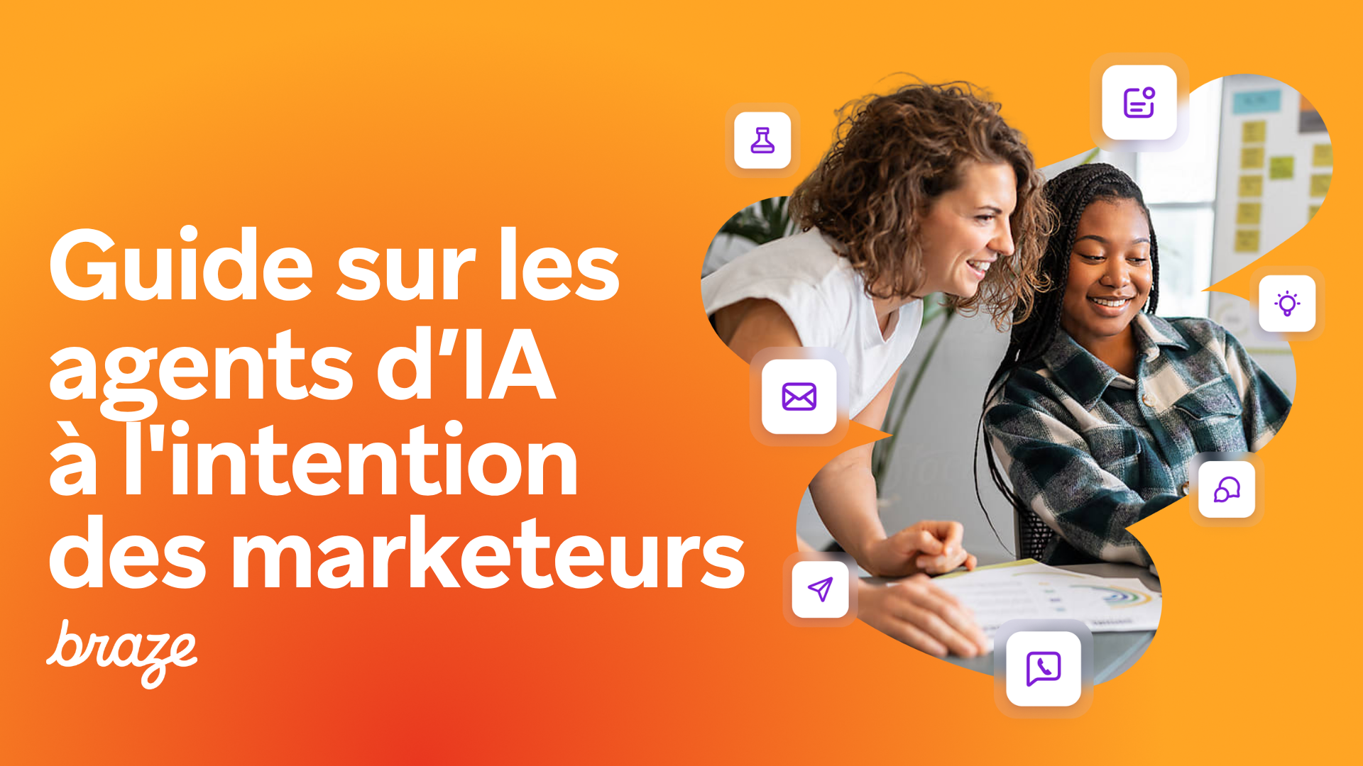 Guide sur les agents d’IA à l’intention des marketeurs, illustré par deux collègues travaillant ensemble devant un ordinateur.
