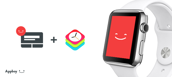 A smartwatch displaying a smiling face icon, accompanied by icons of a credit card and a clock. The image promotes a service by Appboy.