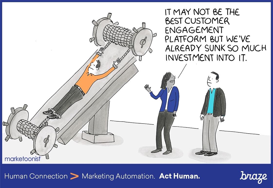 A cartoon depicts a person being humorously squeezed by a large machine while two others discuss the investment in a customer engagement platform. The text suggests that despite its flaws, significant resources have already been committed.