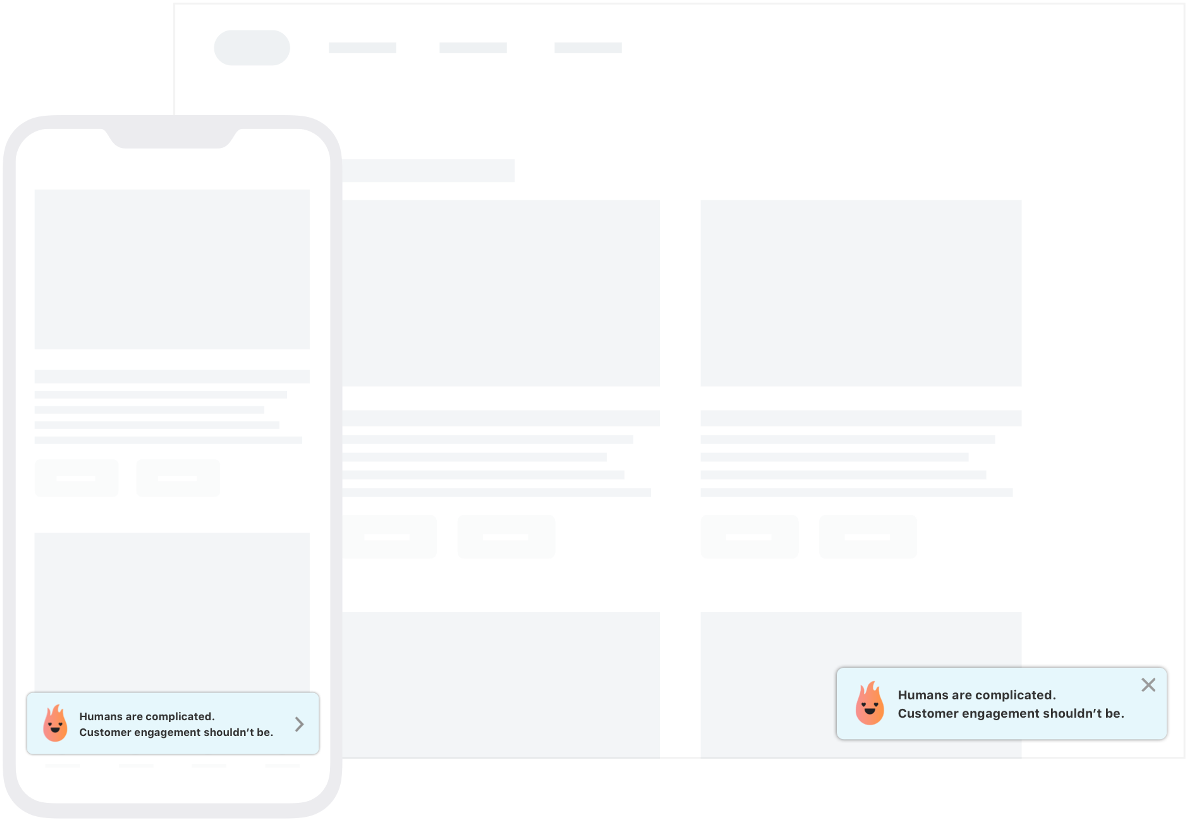 A smartphone displays a message about customer engagement being simple, alongside a blurred webpage in the background.