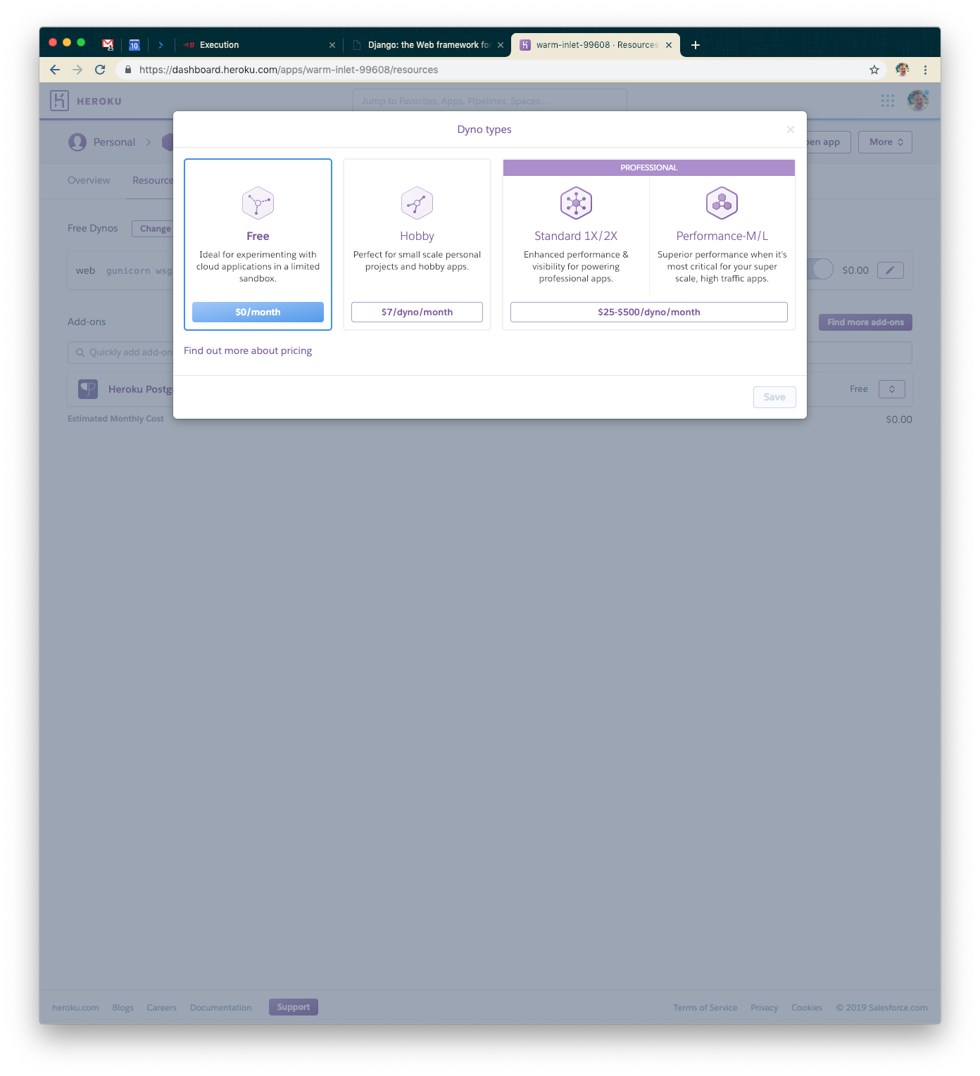 A user interface displaying options for different Heroku dyno types: Free, Hobby, Standard 1X, and Performance M. Each option includes pricing details.