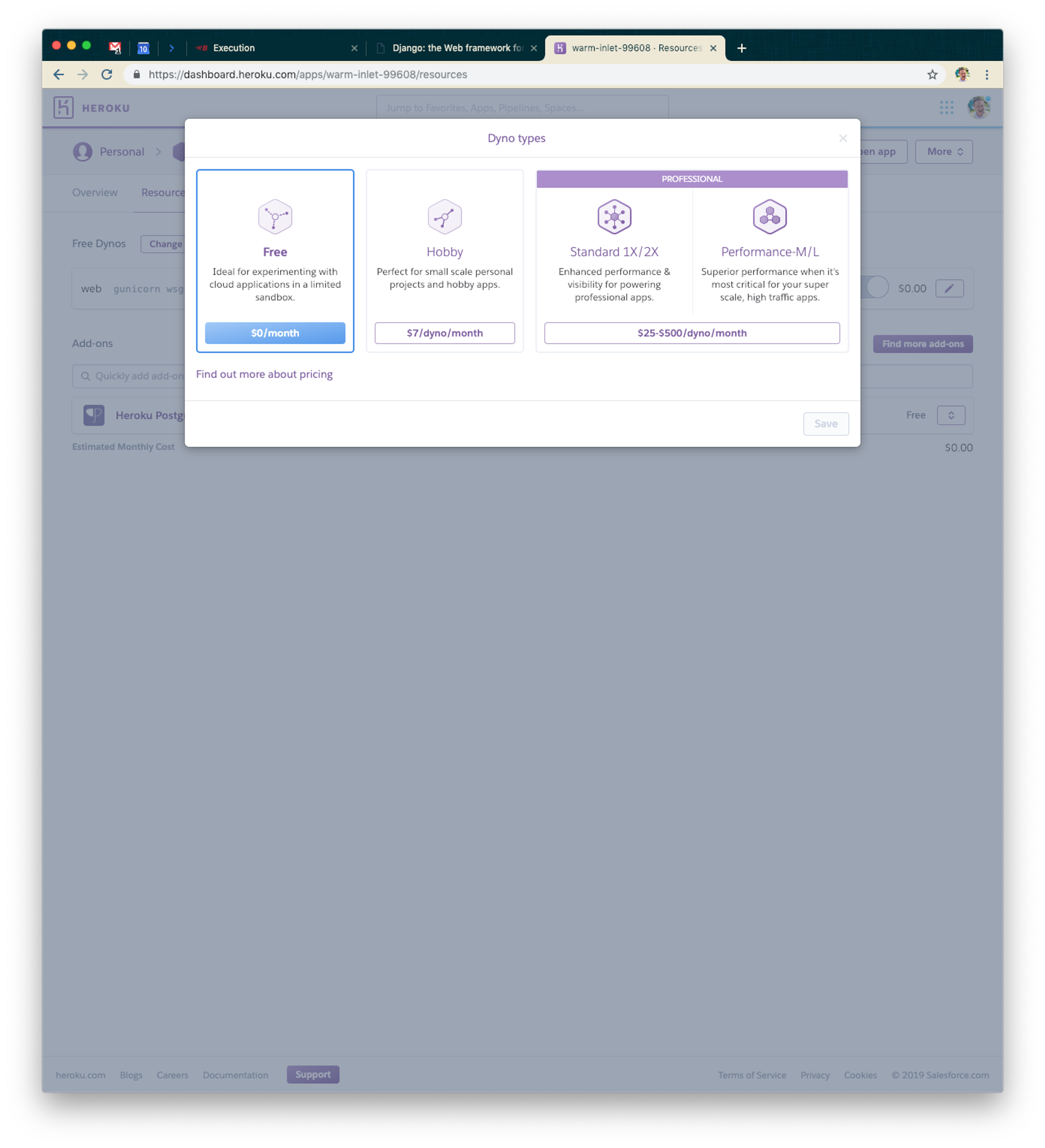 A user interface displaying options for different Heroku dyno types: Free, Hobby, Standard 1X, and Performance M. Each option includes pricing details.