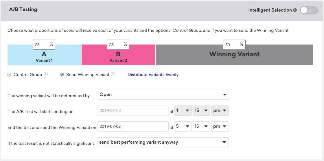 A user interface for A/B testing, showing options for variant distribution and settings for determining the winning variant. The interface includes fields for start and end dates, as well as a button to send the best performing variant.
