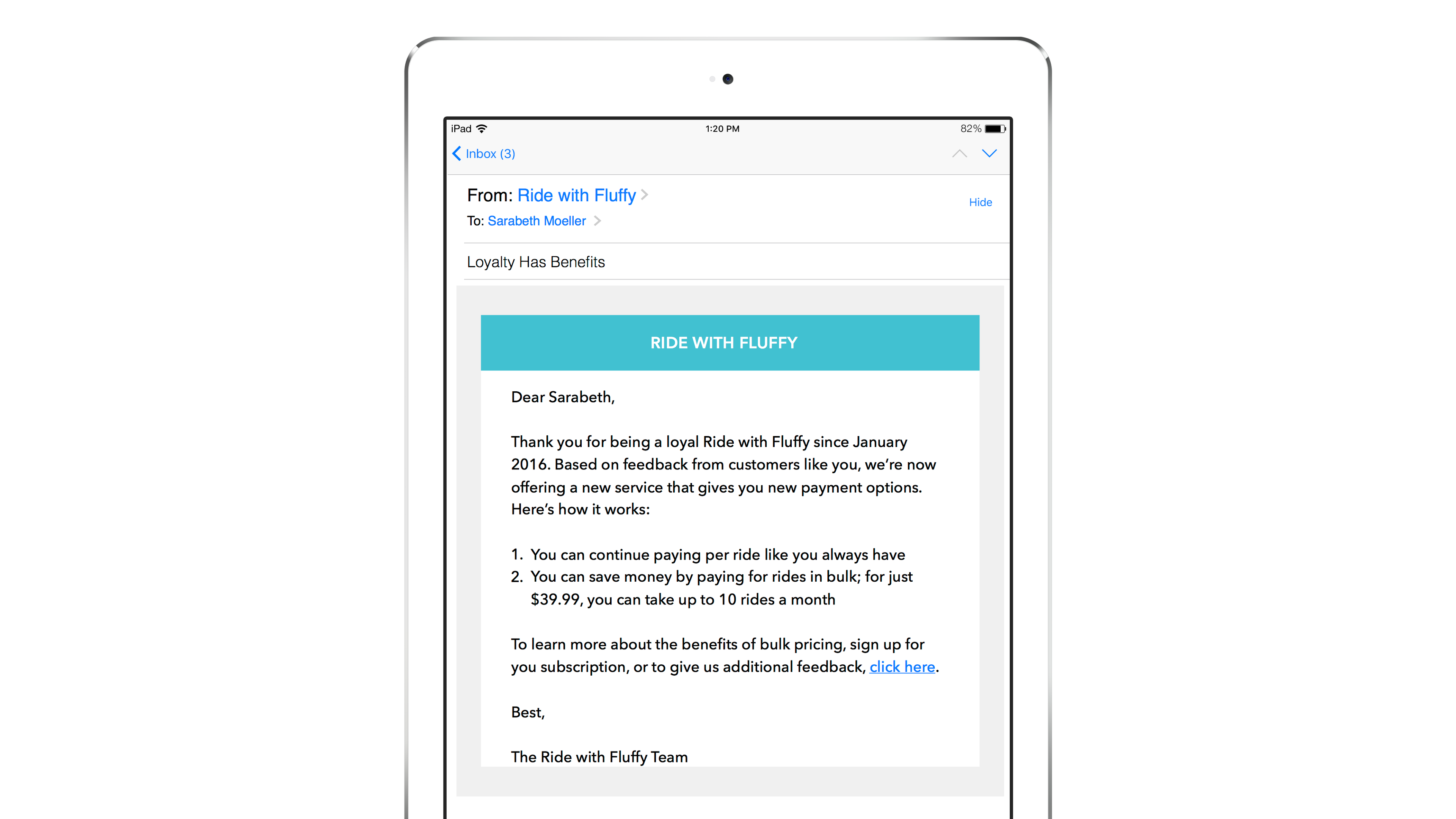 An email on a tablet screen from "Ride with Fluffy" addressing a customer named Sarahbeth, discussing loyalty benefits and payment options. The email includes a call to action for more information.