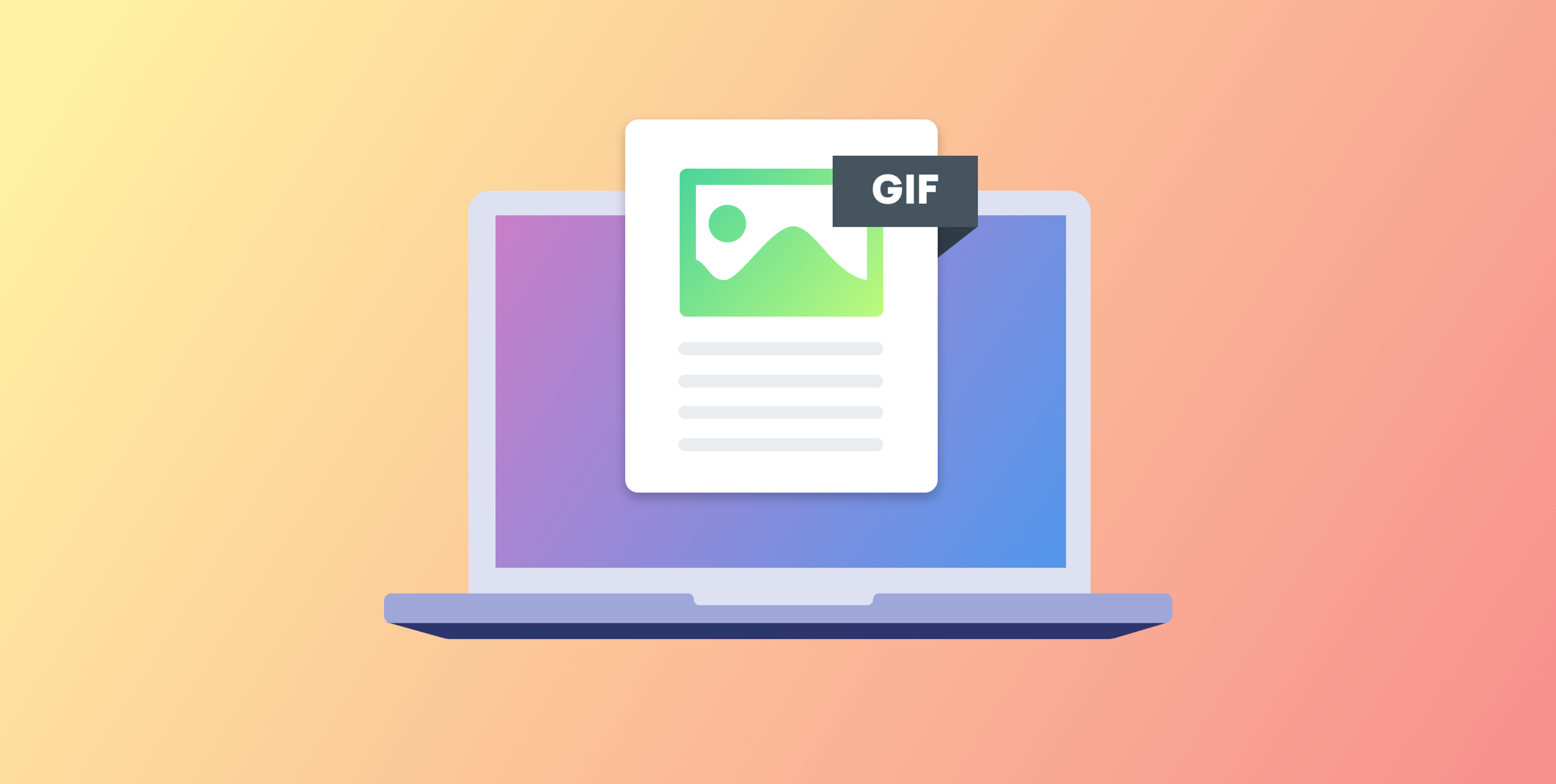 A laptop displaying a document with a GIF icon on it. The background features a gradient from yellow to pink.