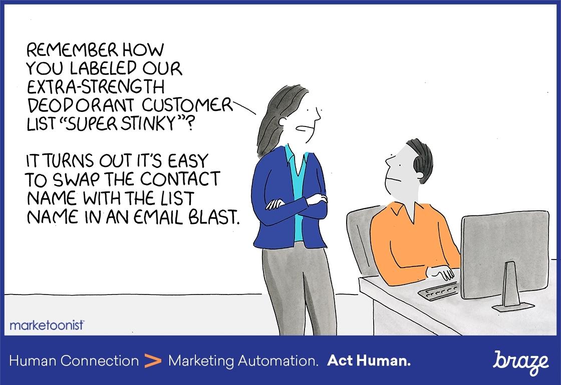 A woman discusses a marketing strategy with a man, highlighting a mistake in labeling a customer list. The man looks surprised as she explains how easy it is to swap names in an email blast.