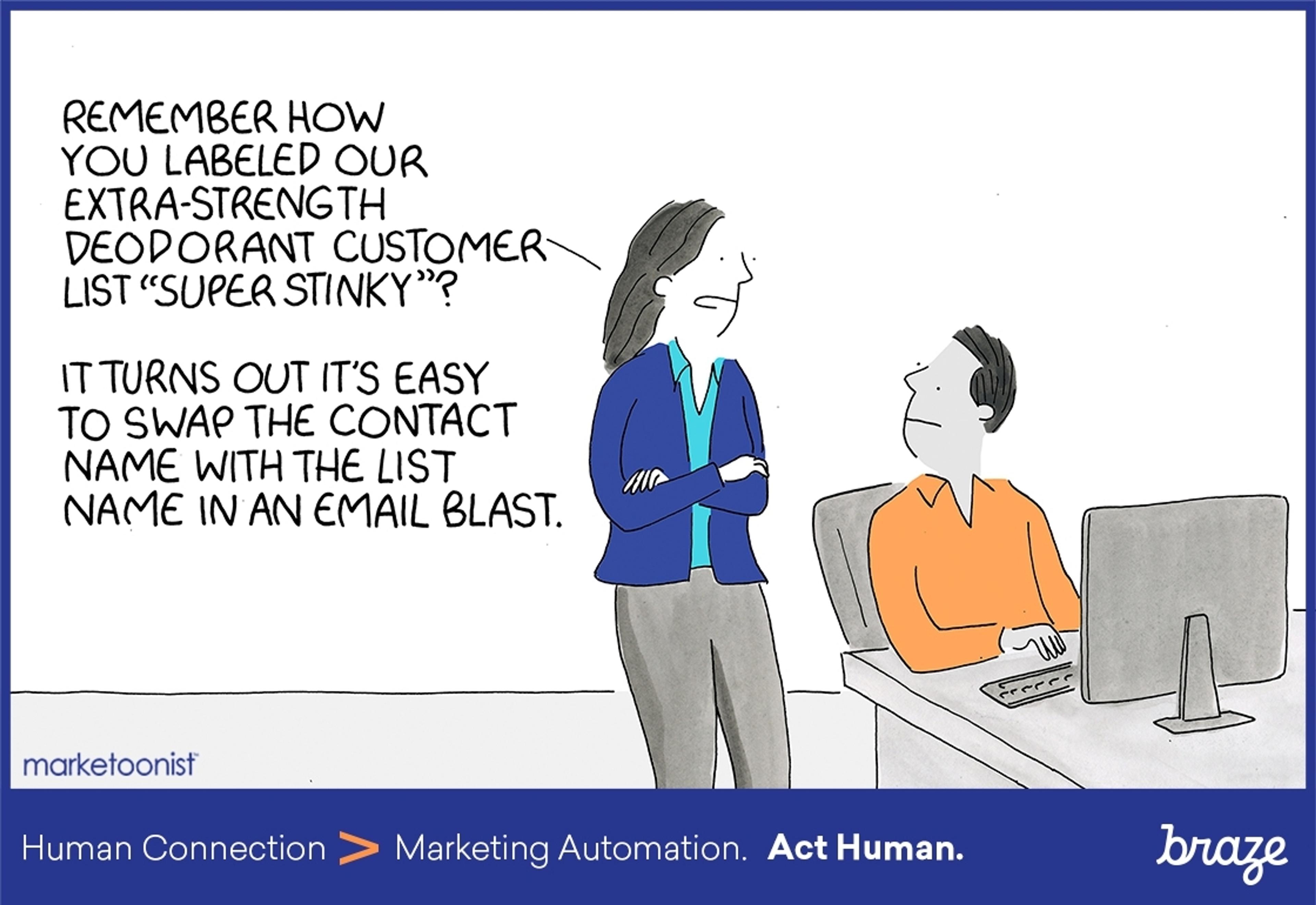 A woman discusses a marketing strategy with a man, highlighting a mistake in labeling a customer list. The man looks surprised as she explains how easy it is to swap names in an email blast.