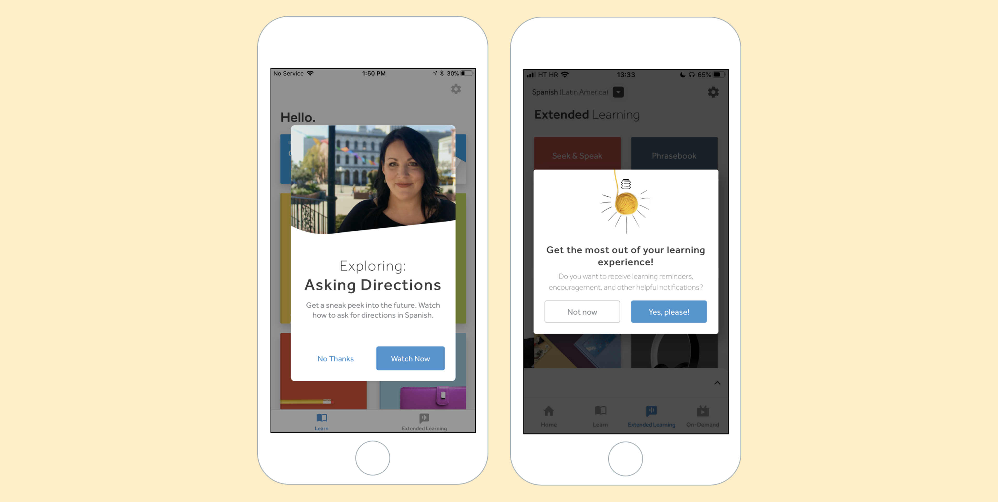 A mobile app interface displaying a woman and a prompt about exploring asking for directions in Spanish. The screen offers options to start learning or decline.