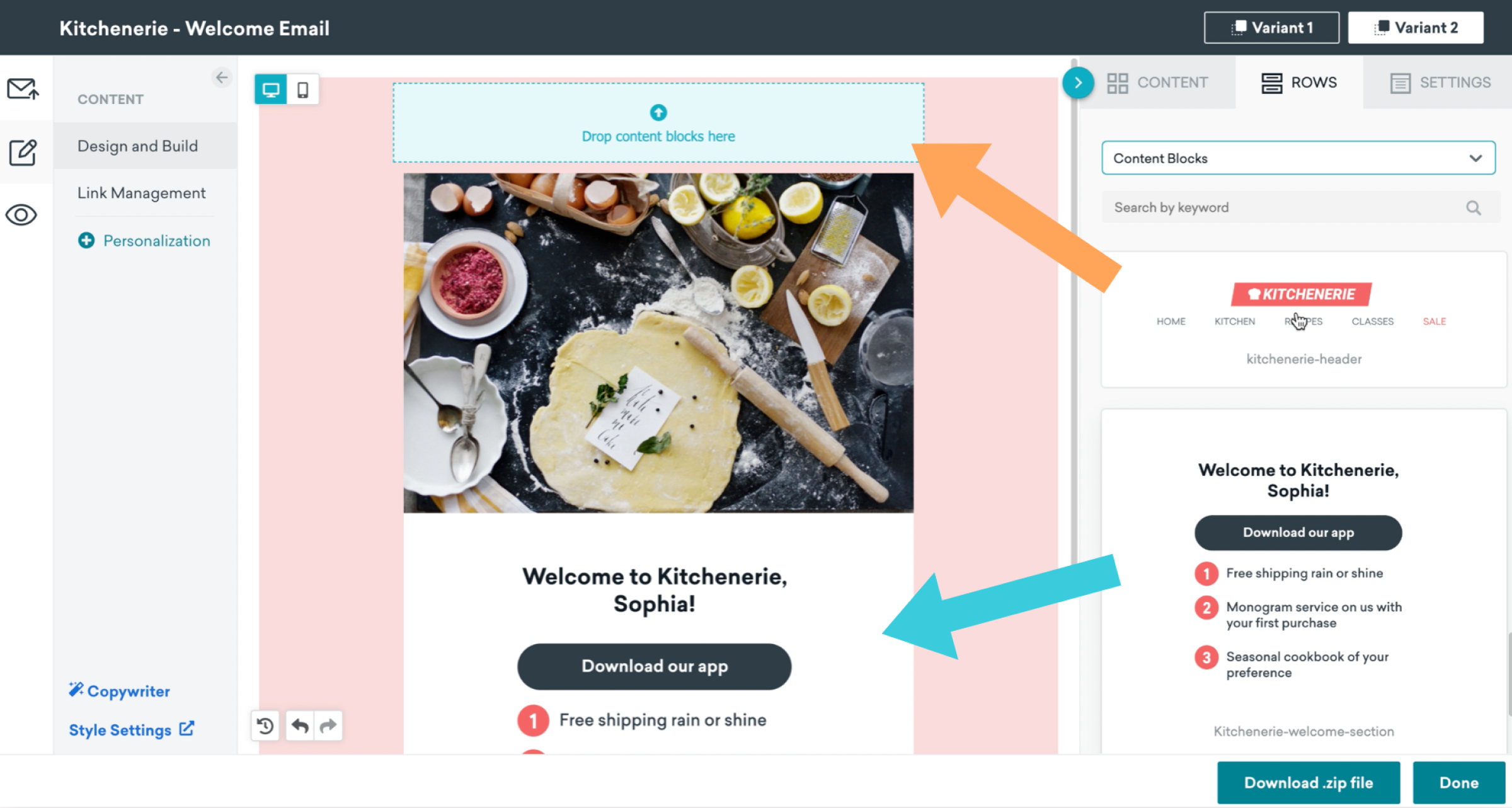 A digital layout for a welcome email from Kitchenerie, featuring a cooking theme with ingredients and a dough preparation scene. There are options to download the app and view classes or sales on the right side.