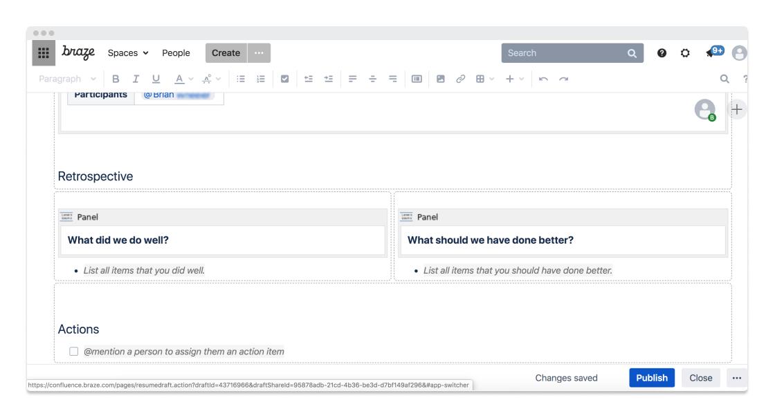 A screenshot of a collaborative document interface showing sections for a retrospective, including prompts for reflection on past performance and actions. The layout features text boxes for input and options to mention participants.