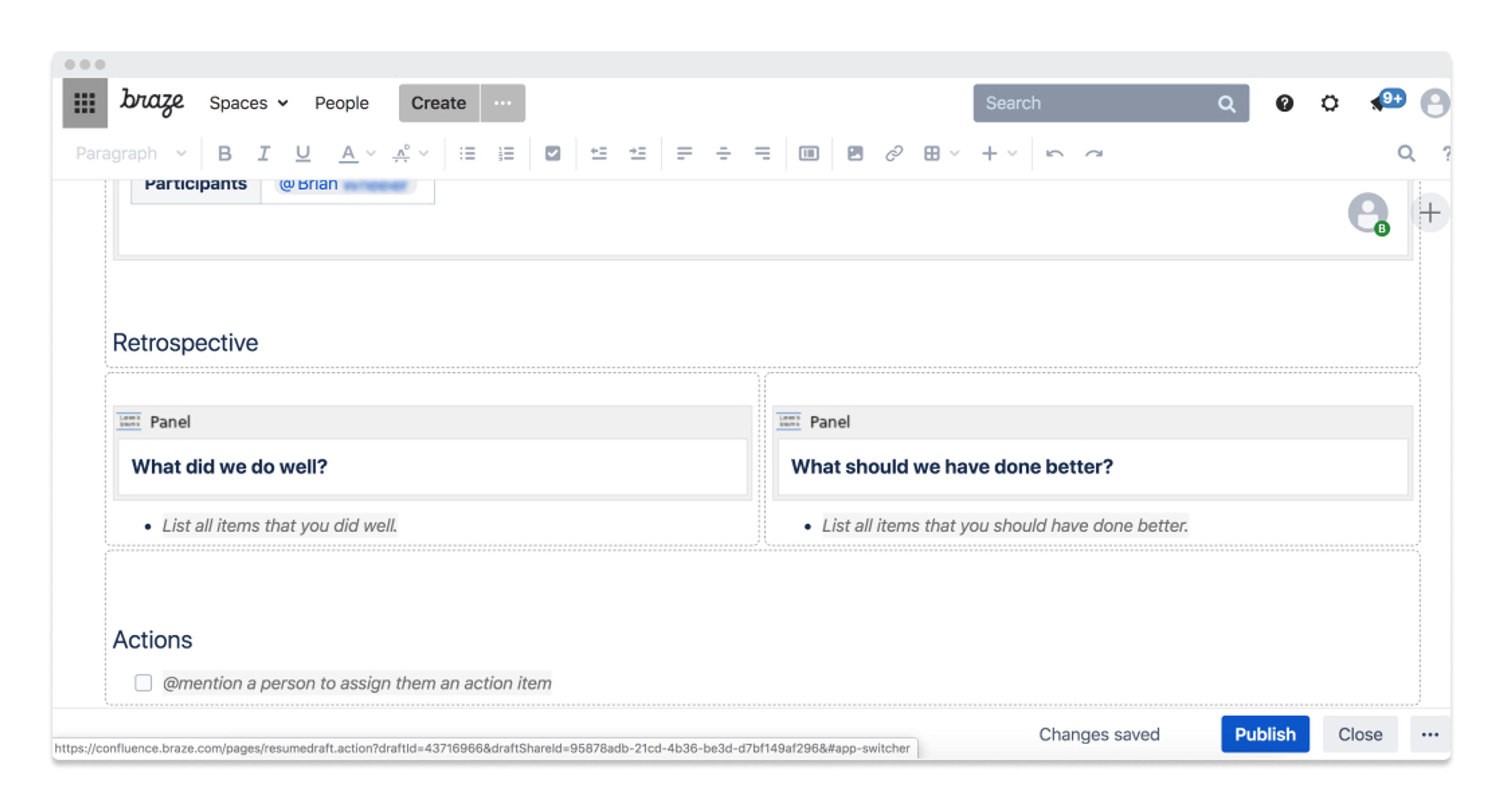 A screenshot of a collaborative document interface showing sections for a retrospective, including prompts for reflection on past performance and actions. The layout features text boxes for input and options to mention participants.