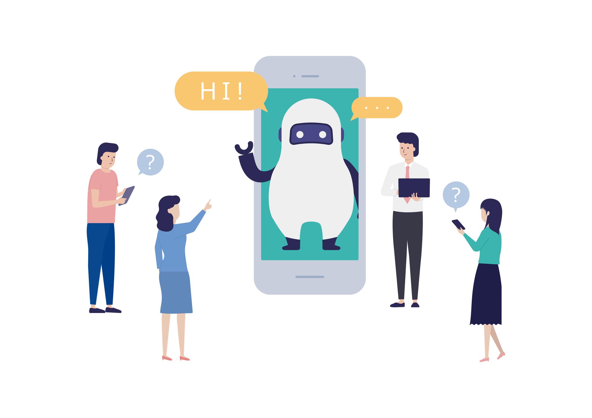 a group of people are standing around a cell phone with a robot on it .