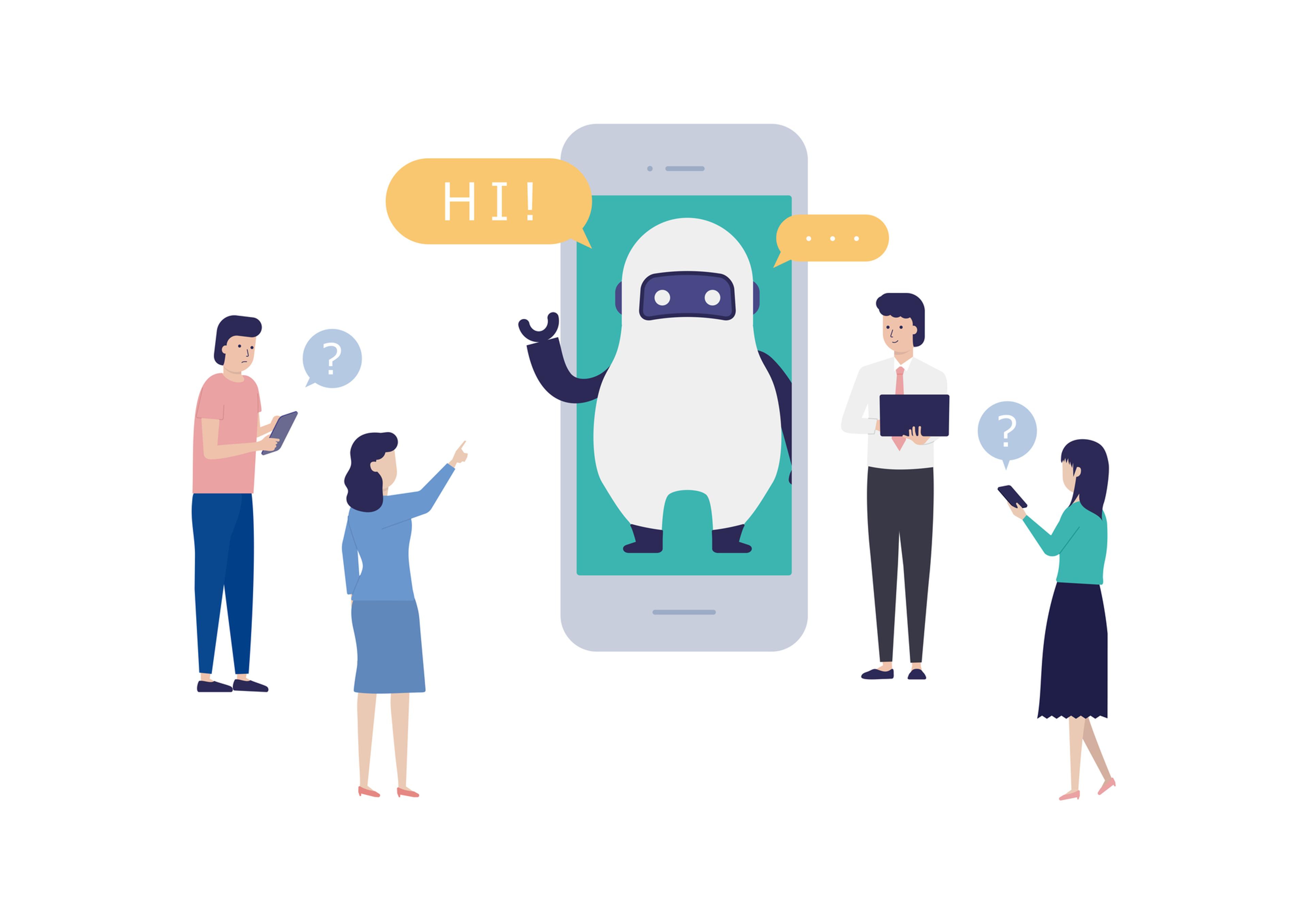 a group of people are standing around a cell phone with a robot on it .