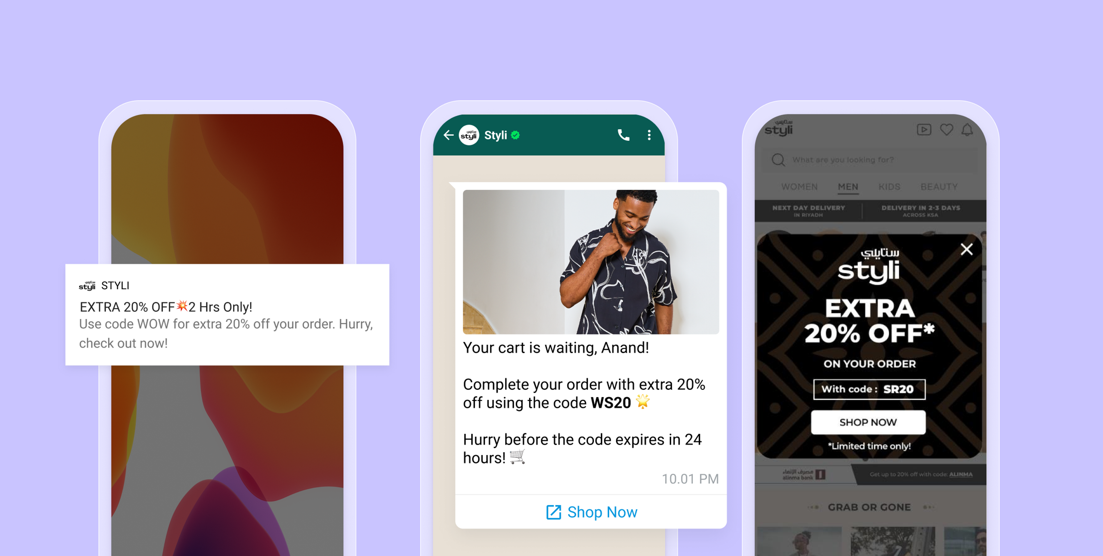 WhatsApp messages with the brand Styli