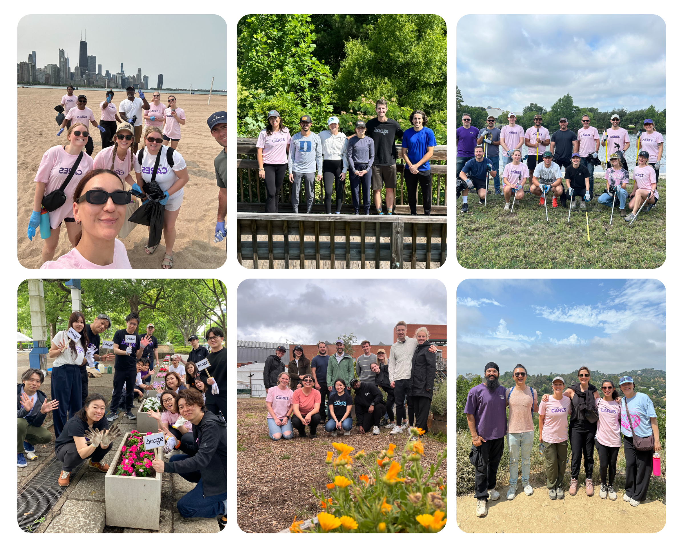 a collage of photos shows people in pink shirts