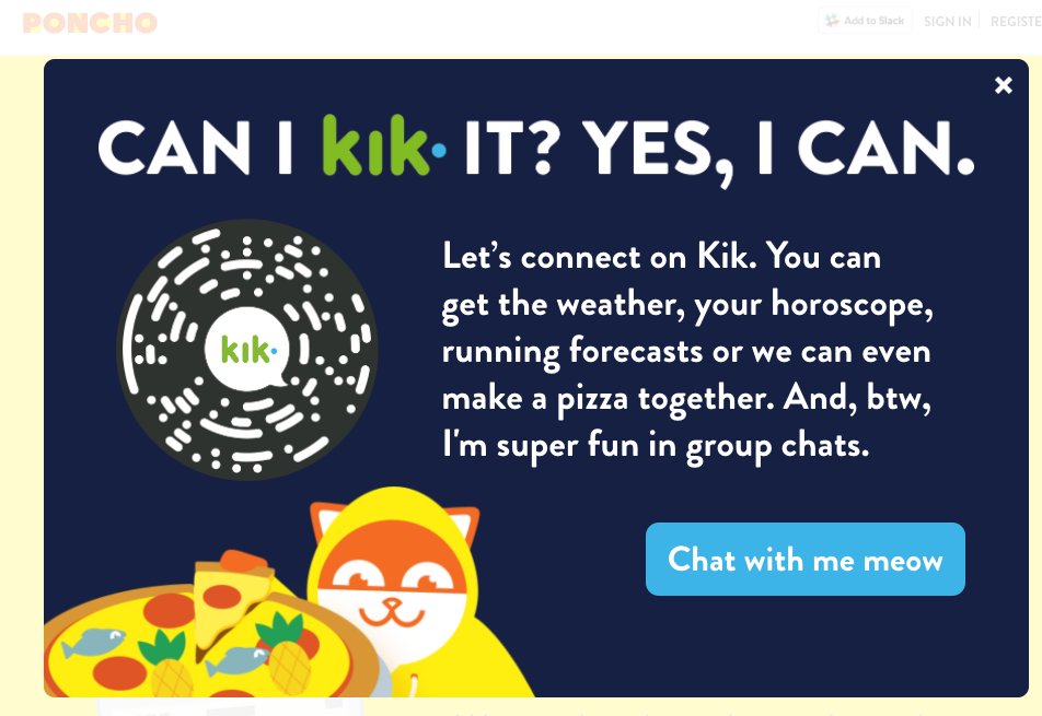A colorful advertisement promoting Kik, featuring a playful cat and pizza, inviting users to connect and chat. The text highlights features like weather updates and group chats.