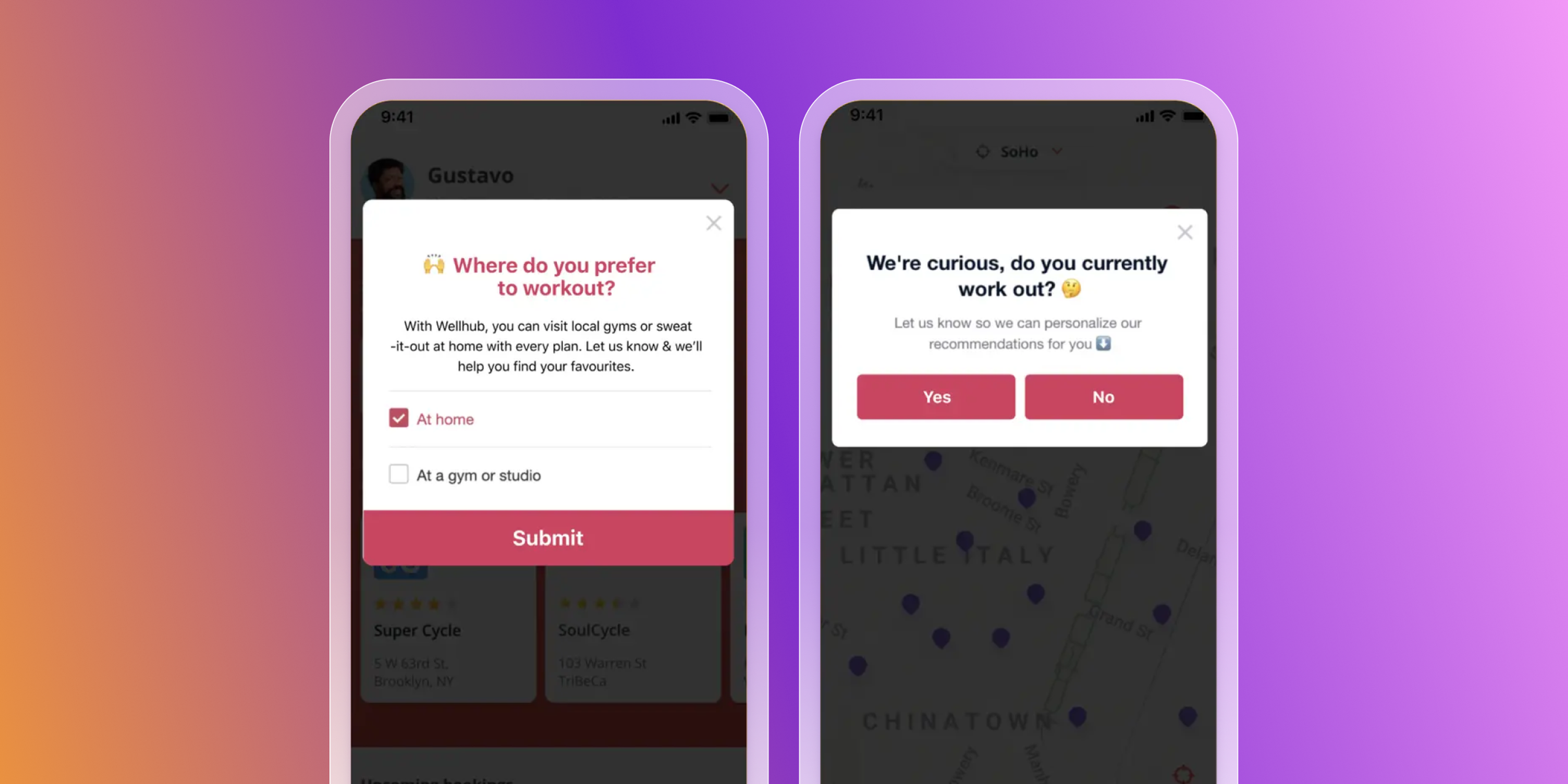 Two mobile screens from a fitness app showing user preference pop-ups. One asks "Where do you prefer to workout?" with "At home" selected. The other asks "Do you currently work out?"