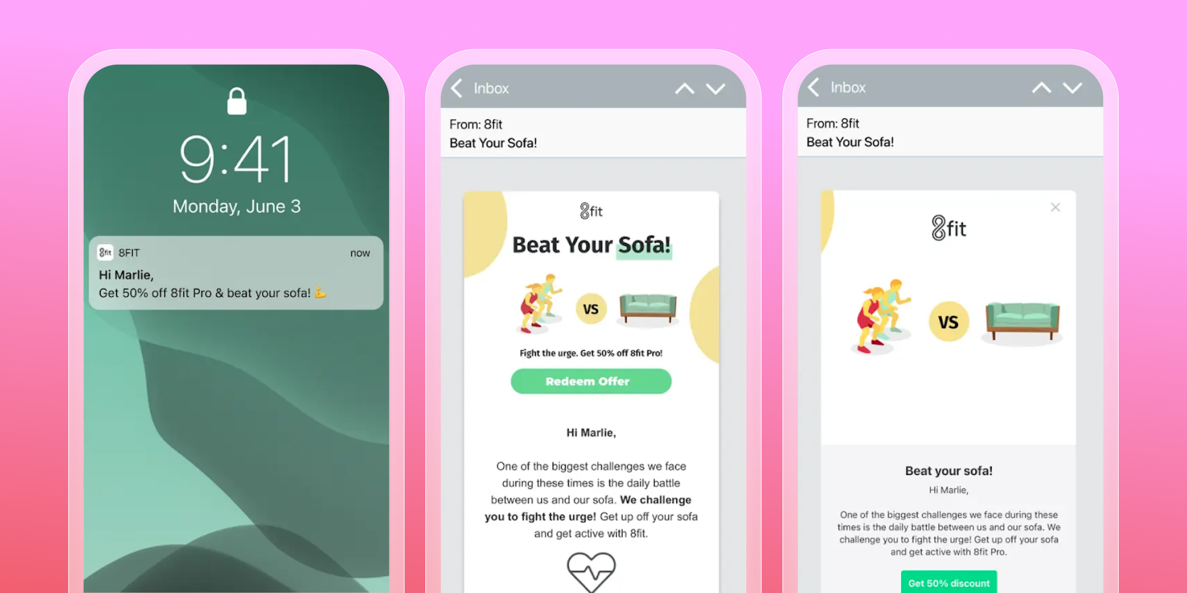 Three smartphone screens illustrating an 8fit 'Beat Your Sofa!' campaign, including a notification and email promoting 50% off 8fit Pro with an illustration of people exercising versus a sofa.