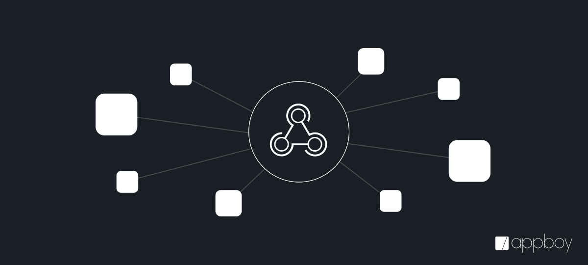 A central icon connected to multiple squares, representing a network or integration concept. The background is dark, and the design is minimalistic.