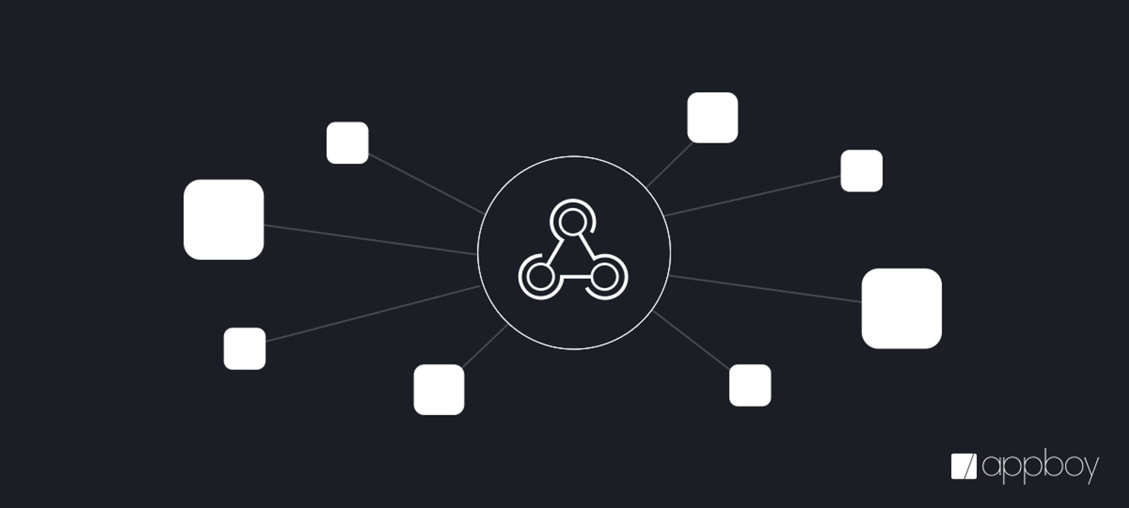 A central icon connected to multiple squares, representing a network or integration concept. The background is dark, and the design is minimalistic.