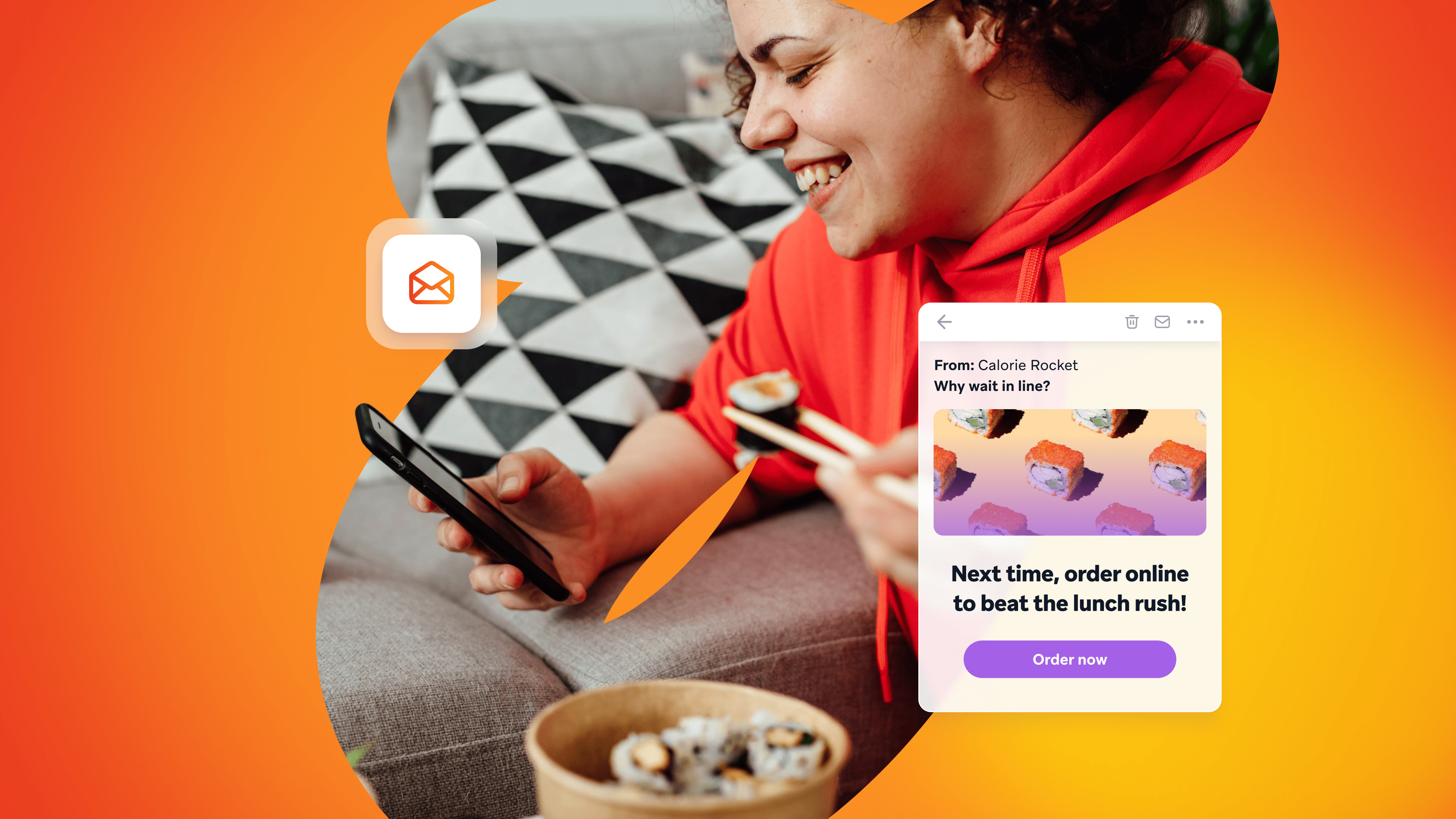 a woman is eating sushi and looking at her phone