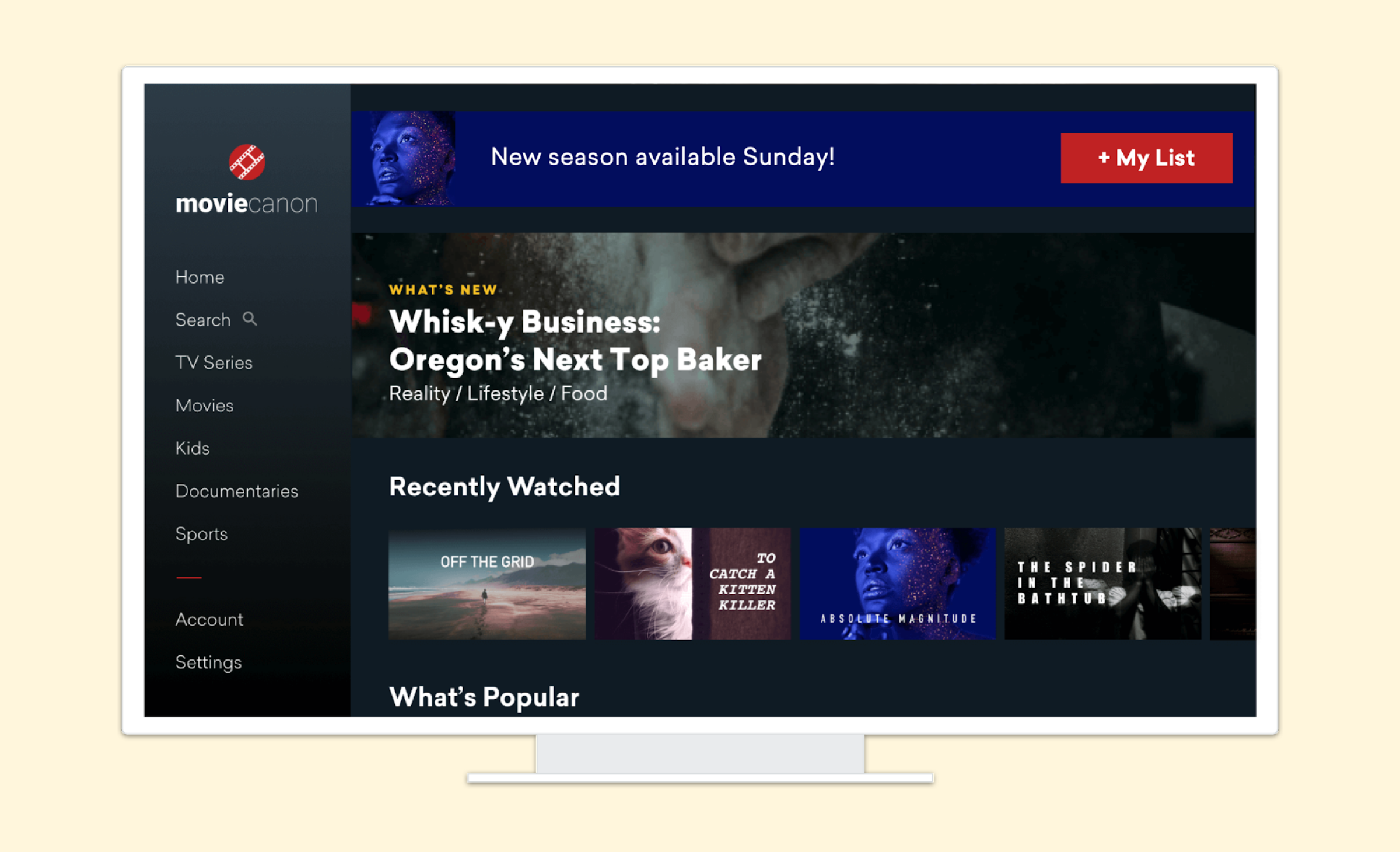 A television screen displaying the Movieanon streaming service homepage, featuring a banner for a new season and sections for recently watched and popular content.