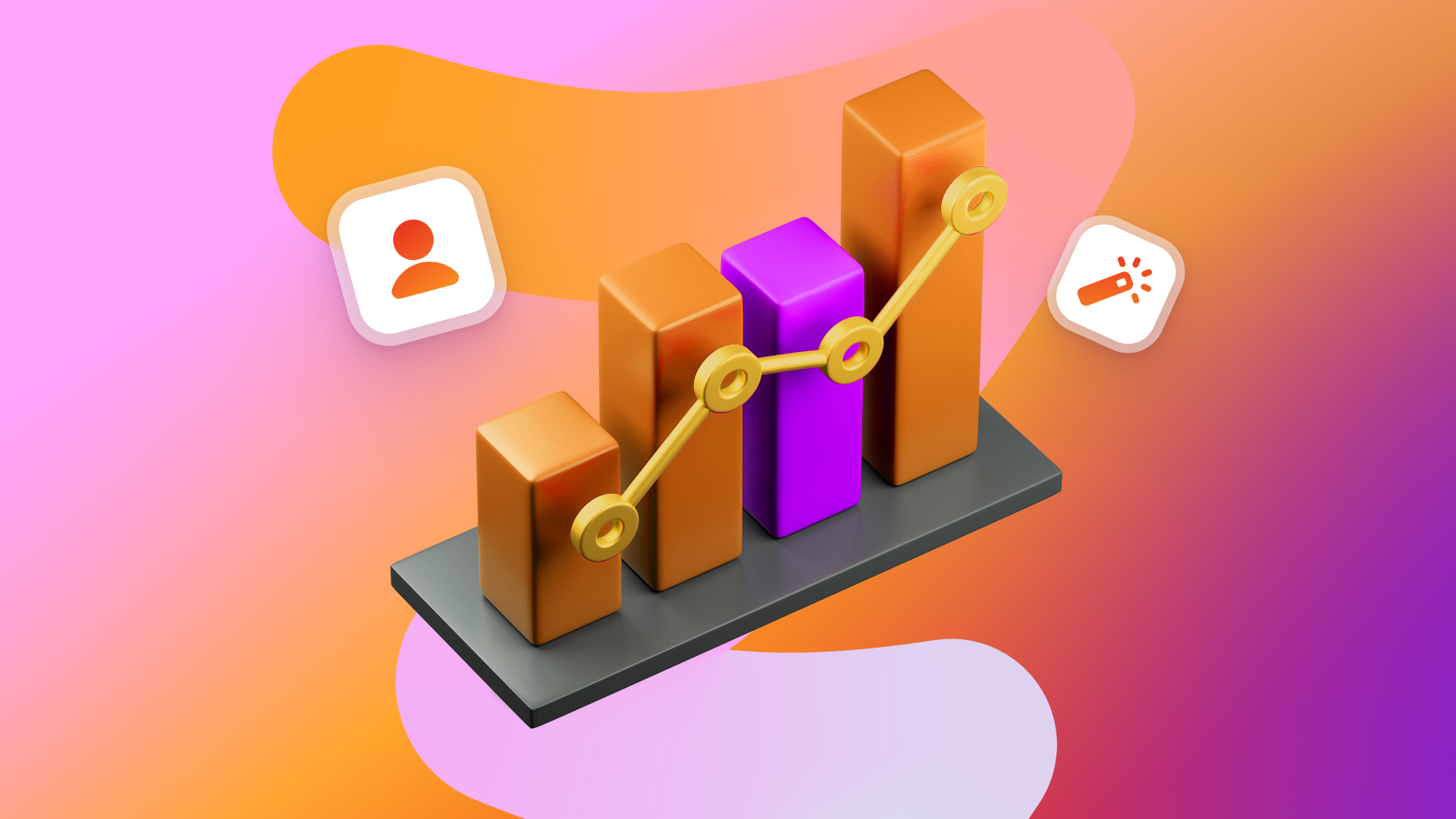 A 3D bar chart showing growth, with icons of a user and a magic wand.