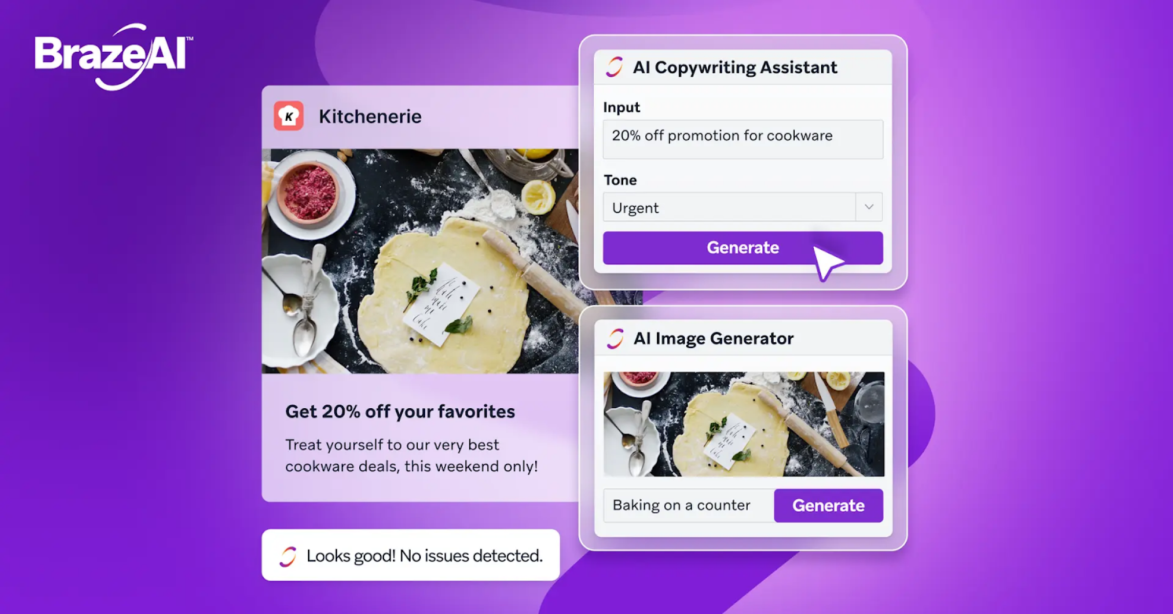 BrazeAI platform showing AI tools generating a Kitchenerie ad with a baking image and 20% off promotion.