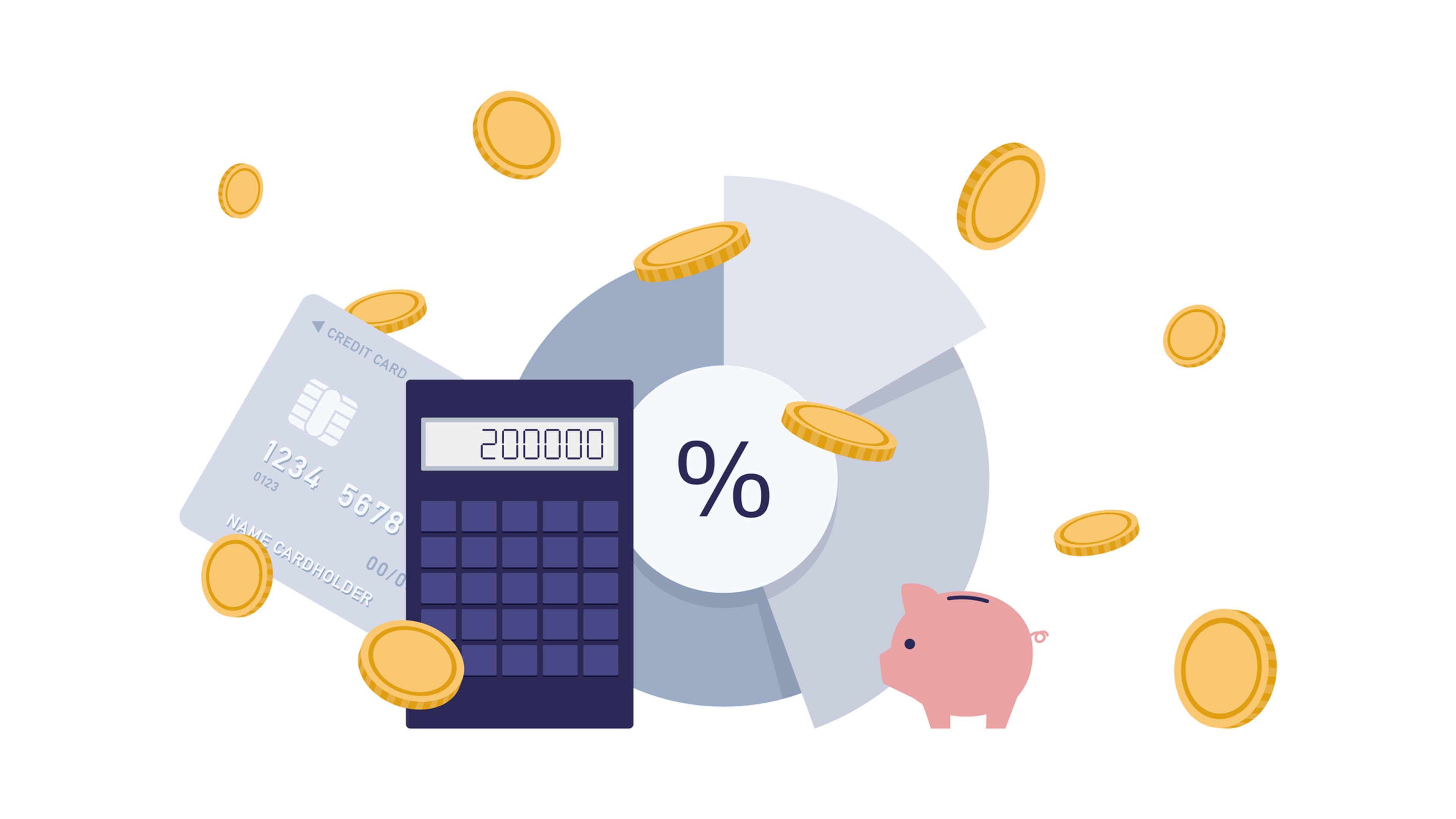 a calculator , credit card , piggy bank , coins and a pie chart .