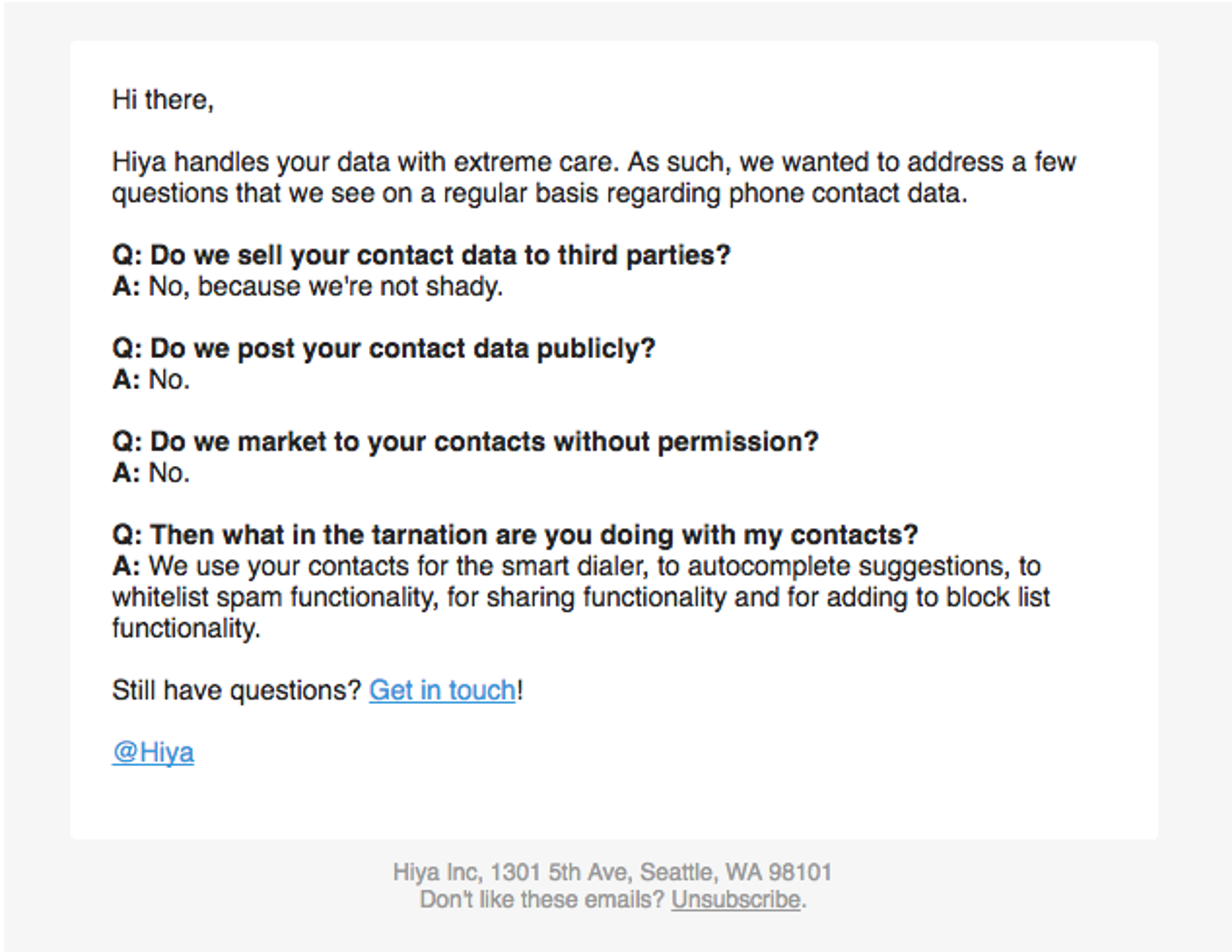 Email correspondence addressing privacy concerns about contact data handling, including questions and answers about data sharing and marketing practices.