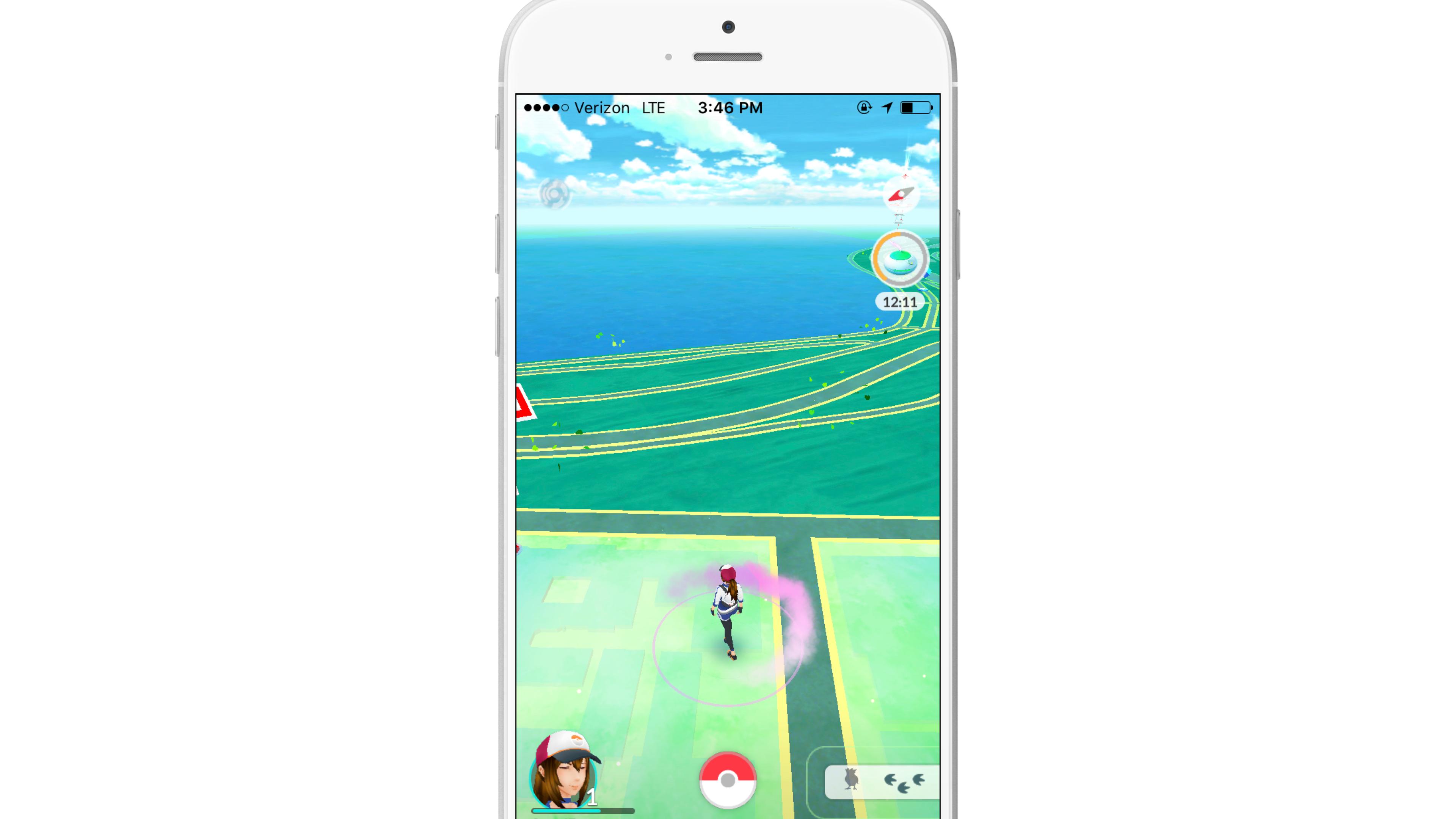 A smartphone screen displaying a map from a Pokémon game, showing a character walking near water and various in-game icons. The time and signal strength are visible at the top.