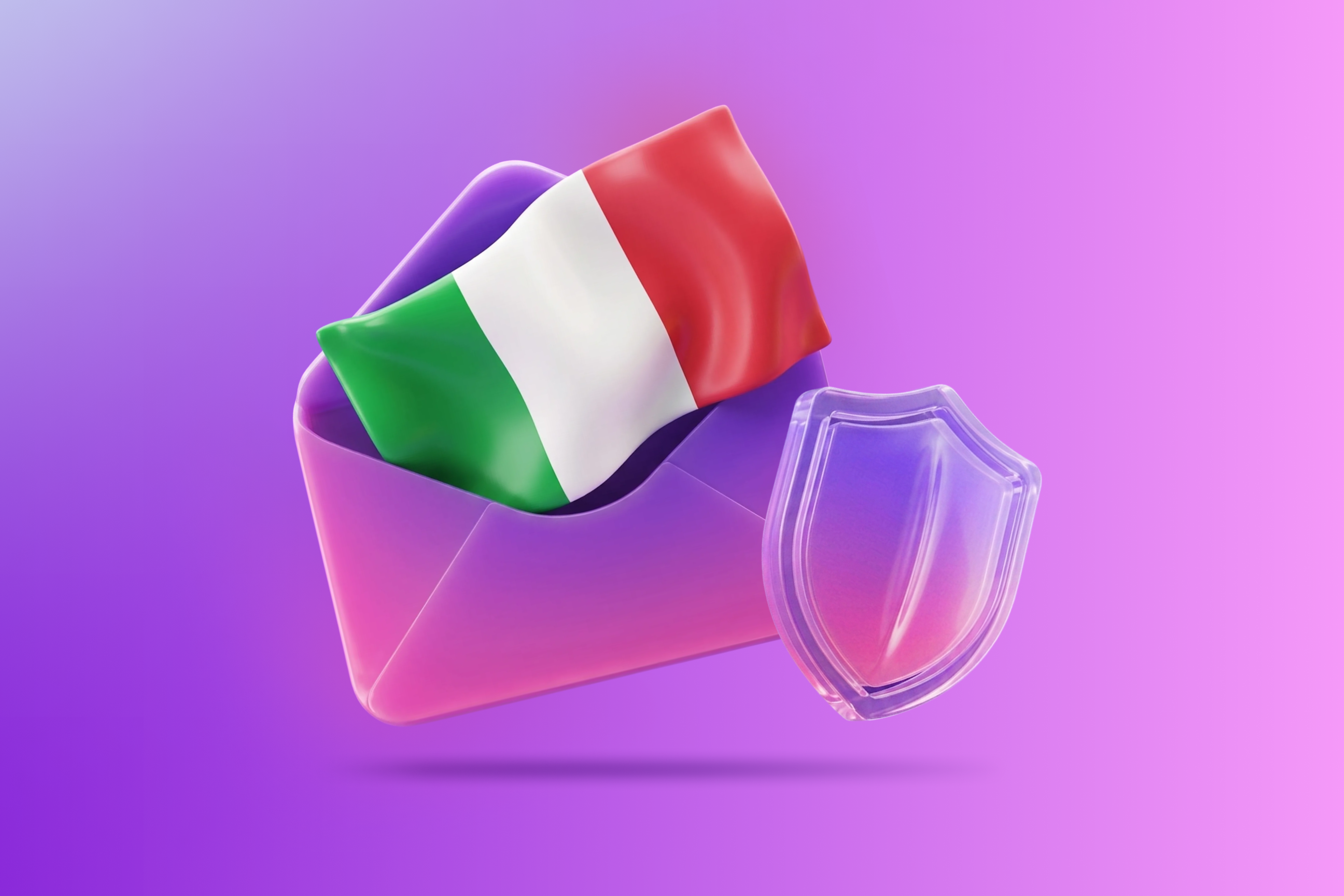 Italian flag emerging from a purple envelope beside a transparent shield, symbolizing secure communication in Italy.