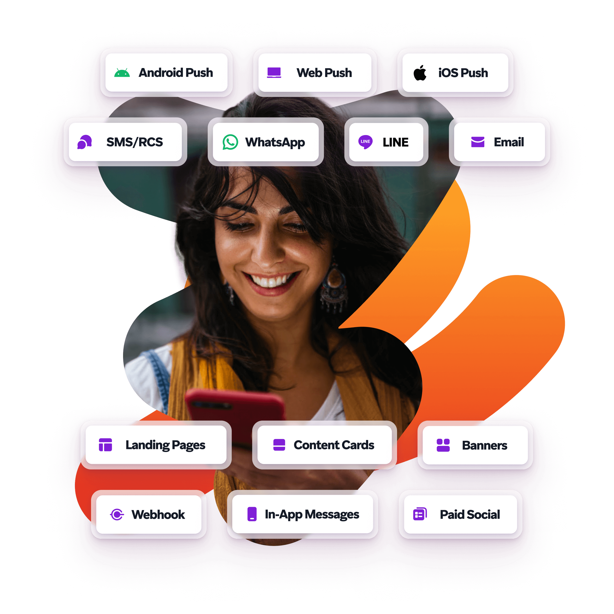 a woman is smiling while looking at her phone surrounded by icons for android push web push and ios push