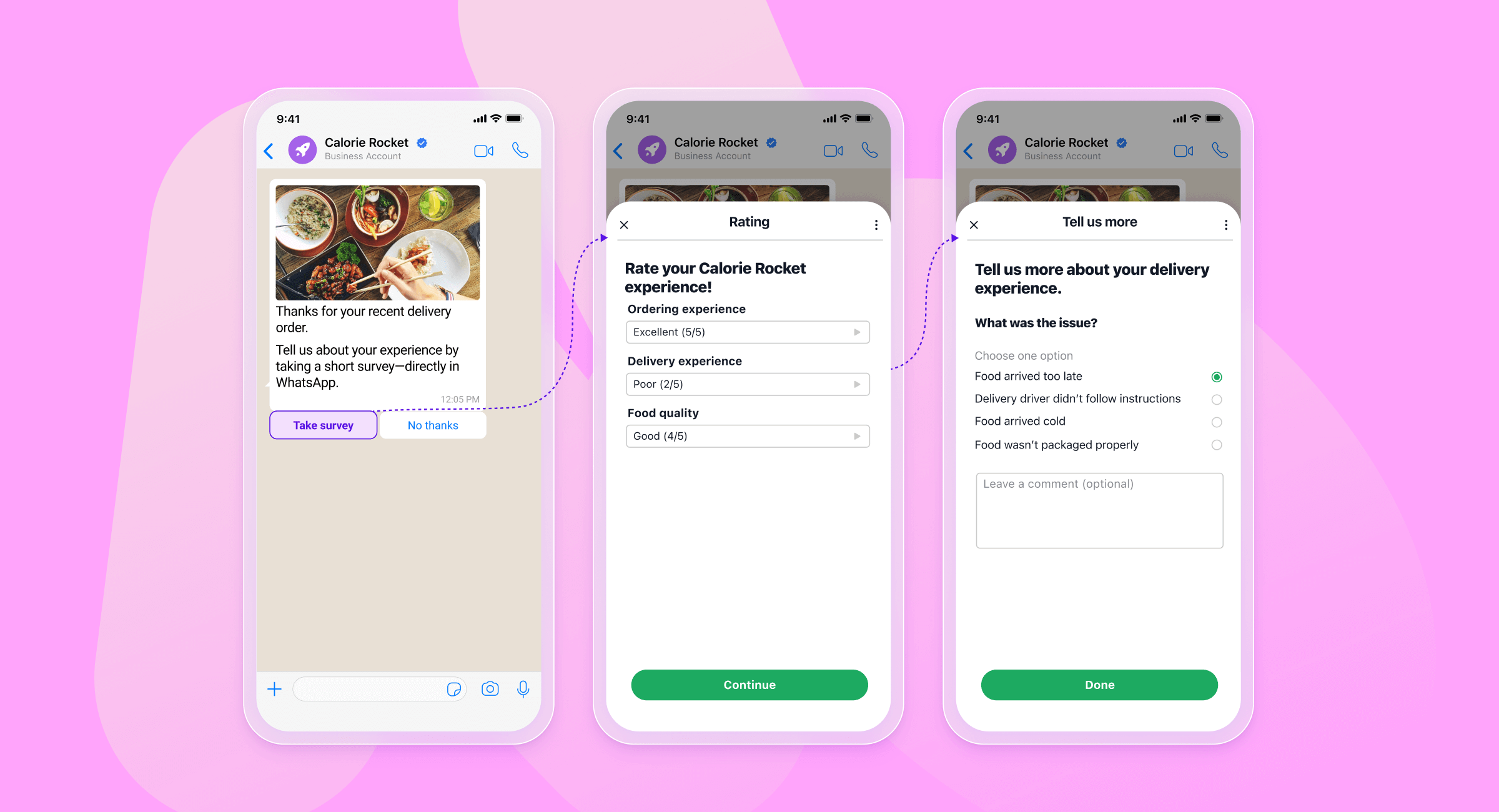 three screenshots of a calorie rocket app on a pink background