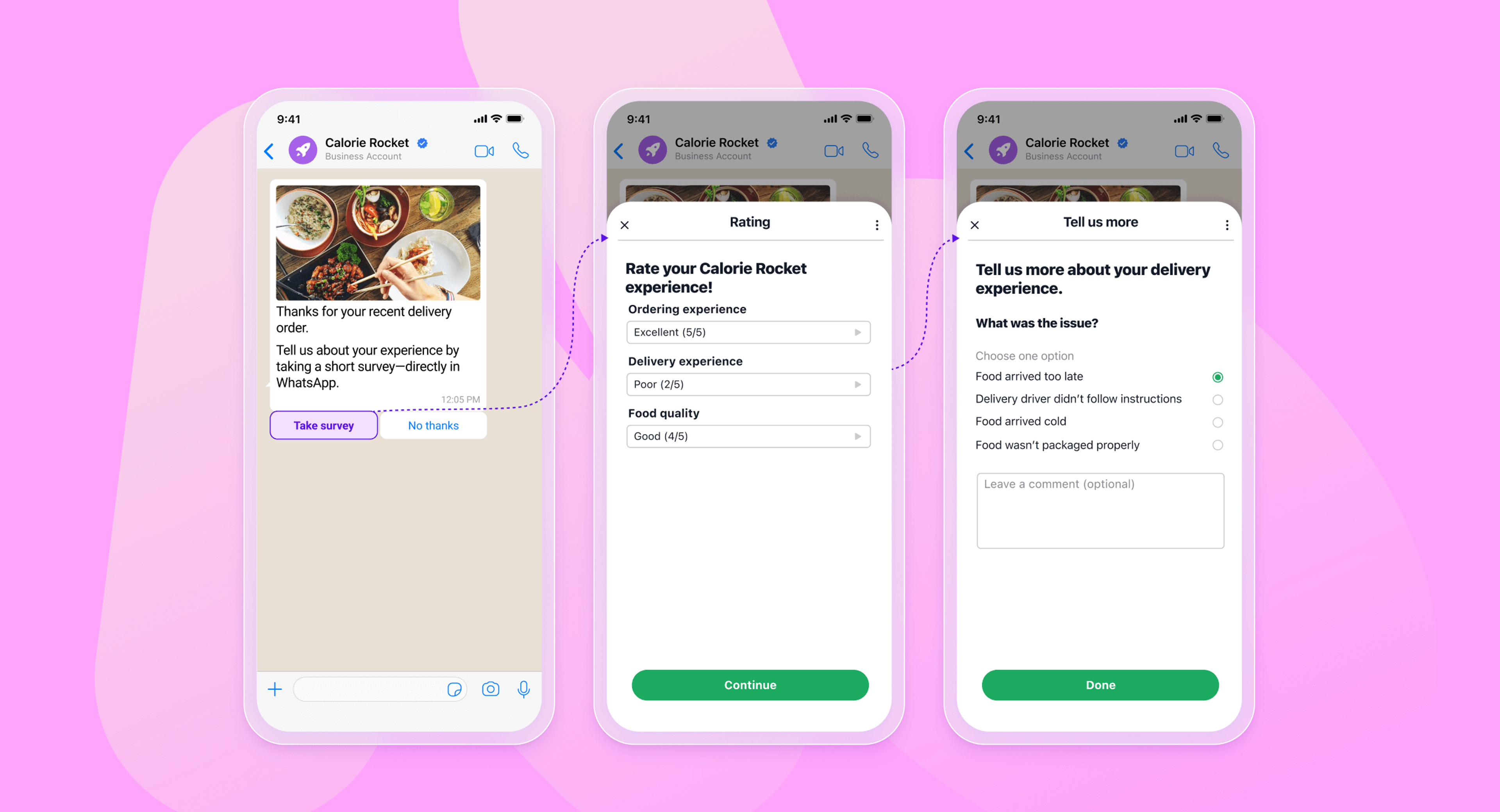 three screenshots of a calorie rocket app on a pink background