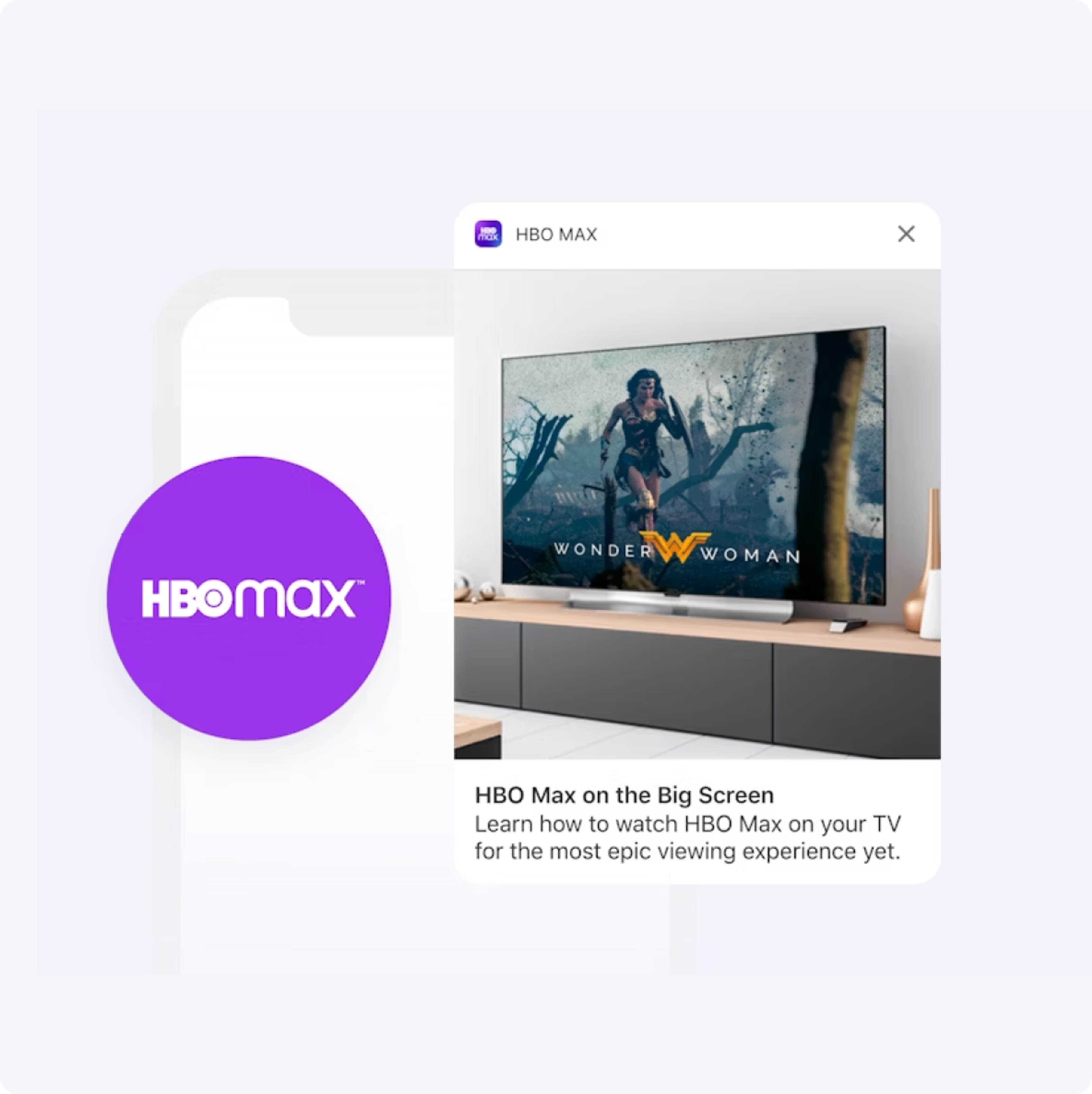 HBO Max ad displaying Wonder Woman on a TV screen, next to the HBO Max logo.
