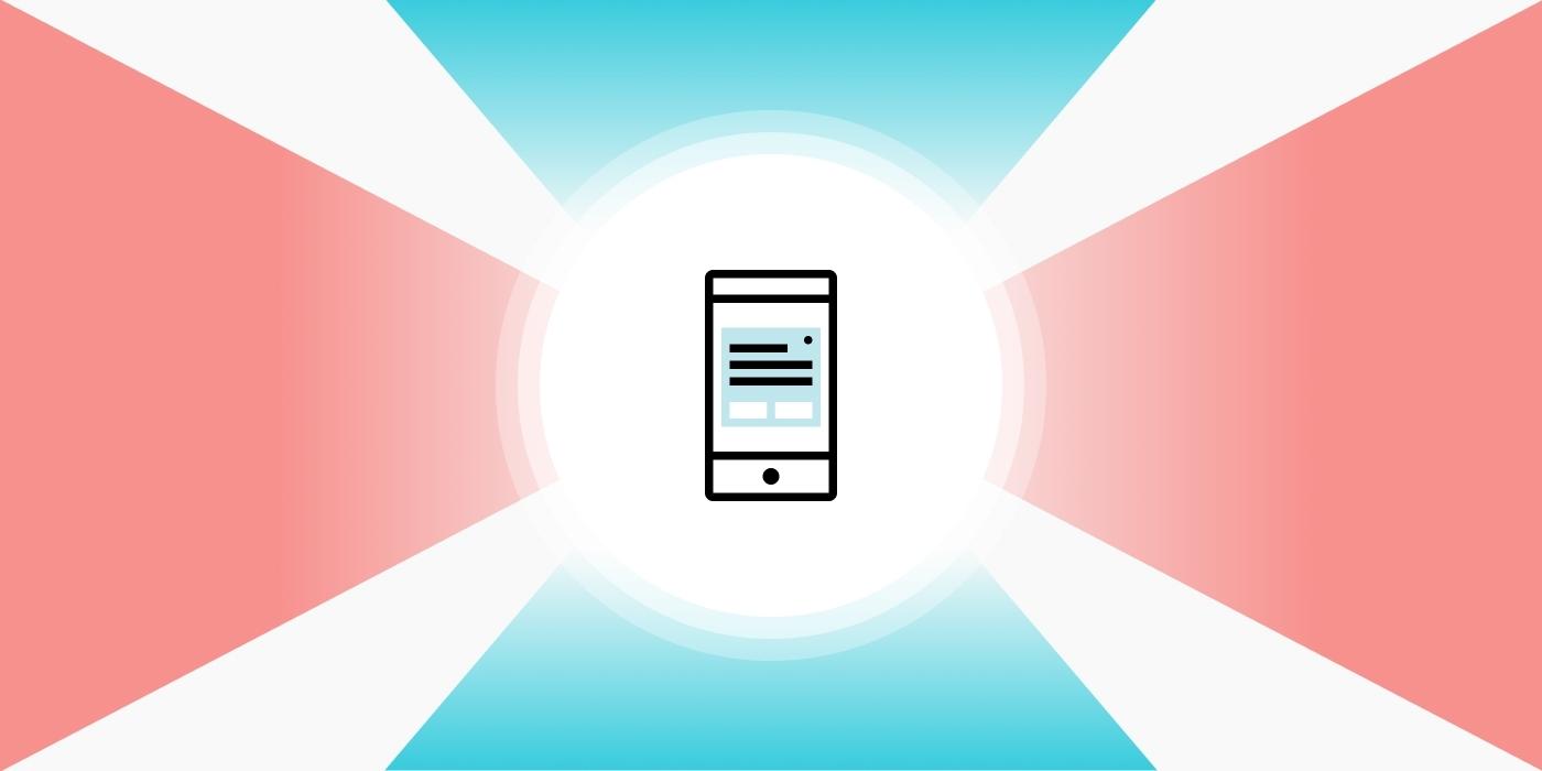 A phone in a white, pink, and blue background